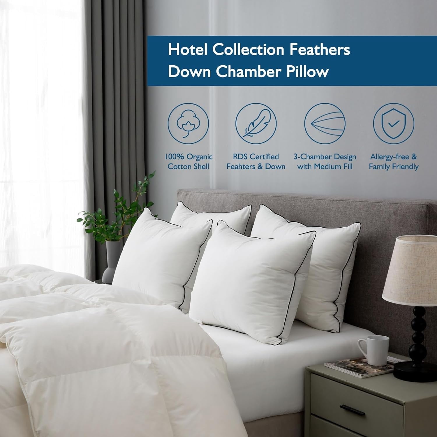 Fluffy Shredded Hypoallergenic 3‑Chamber Goose Feather Down Core Bed Pillows, Standard Size Set of 2, With Microfiber Surround, Soft-... - Ergonomic Memory Foam Pillow for Neck Pain Support Detail