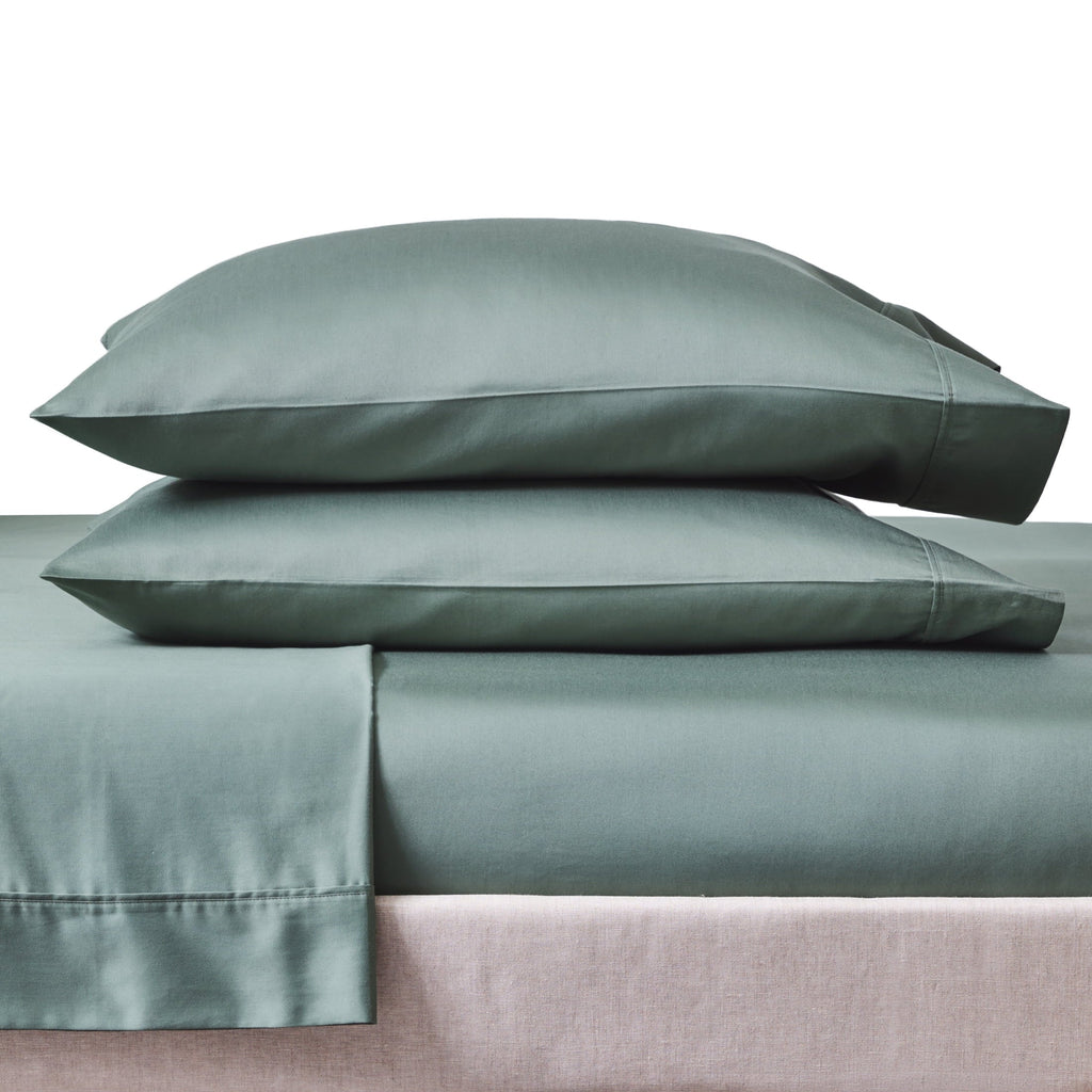 Ultra-Soft 4-Piece 300 Thread Count Green Ash Cotton Sateen Bed Sheet Set, Cali King - Breathable Egyptian Cotton Flat & Fitted Sheets Detail