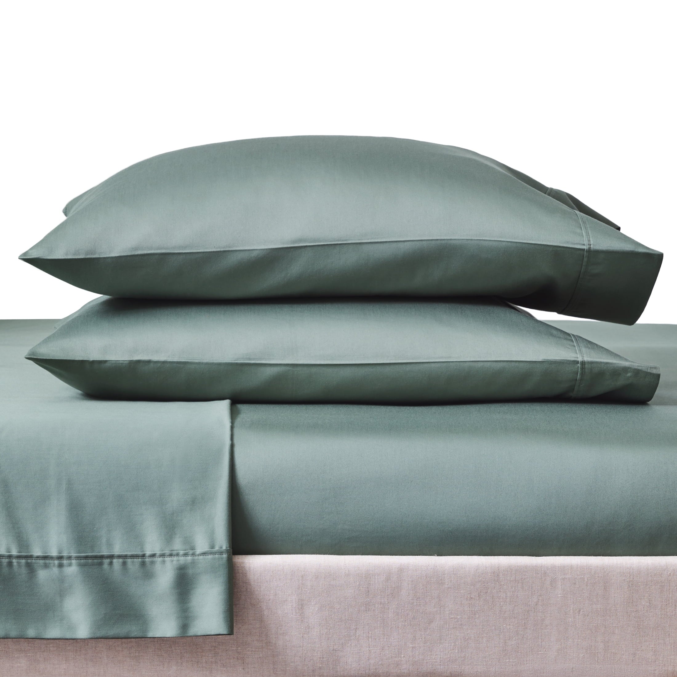 Ultra-Soft 4-Piece 300 Thread Count Green Ash Cotton Sateen Bed Sheet Set, Cali King - Breathable Egyptian Cotton Flat & Fitted Sheets Detail
