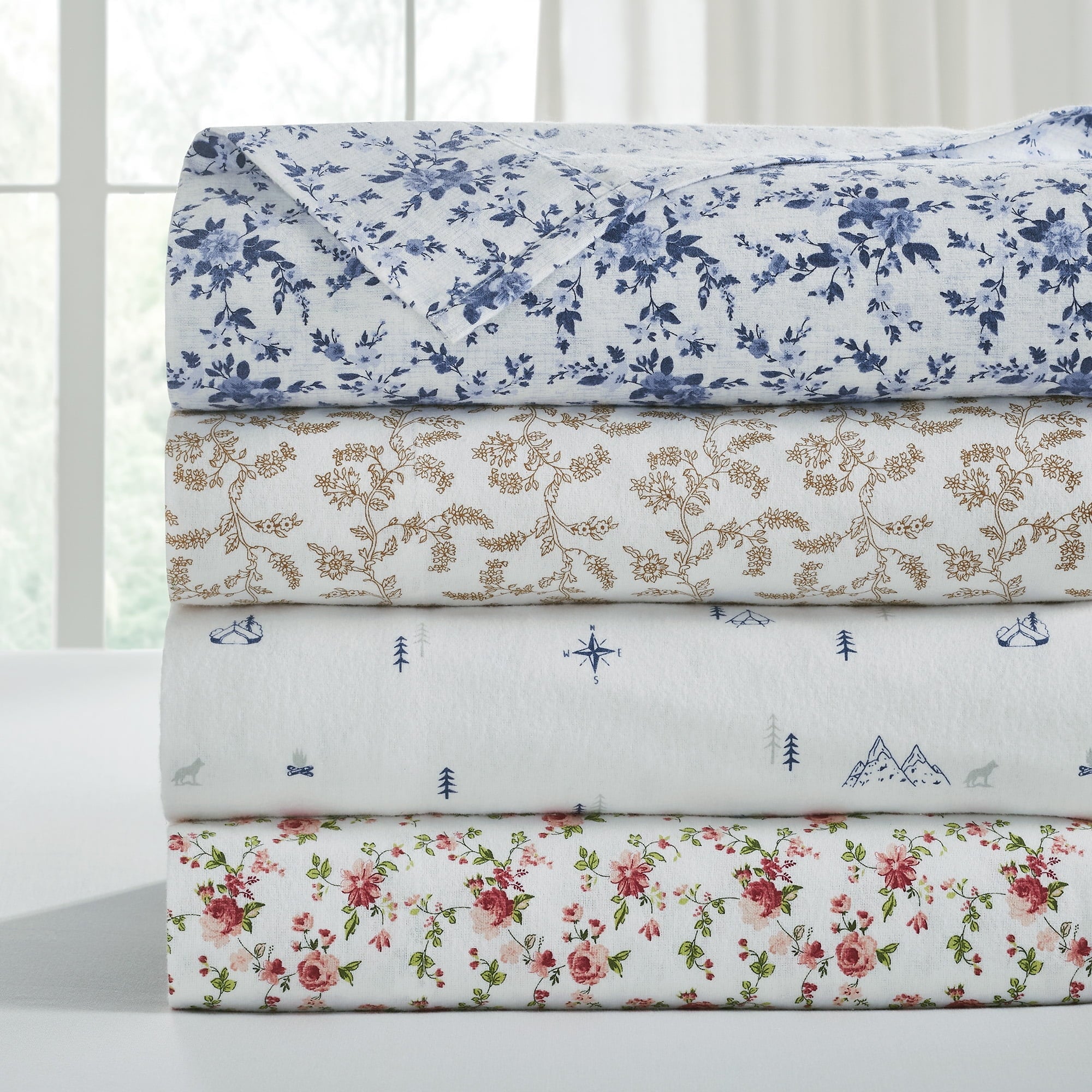 Breathable Luxury 3-Piece Brittany Printed Cotton Flannel Adult Bed Sheet Set, Twin - Luxury Bed Sheet Set with Deep Pockets Detail