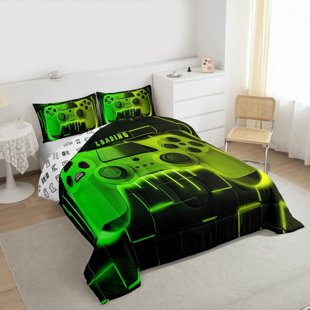 Fluffy Down Alternative Green Yellow Gaming Full Size Comforter Sets - Gamer Comforter Full Size Bedding Set, Neon Lights Abstract Geometry D... - Cloud-Like Soft Lightweight Bed Comforter Detail