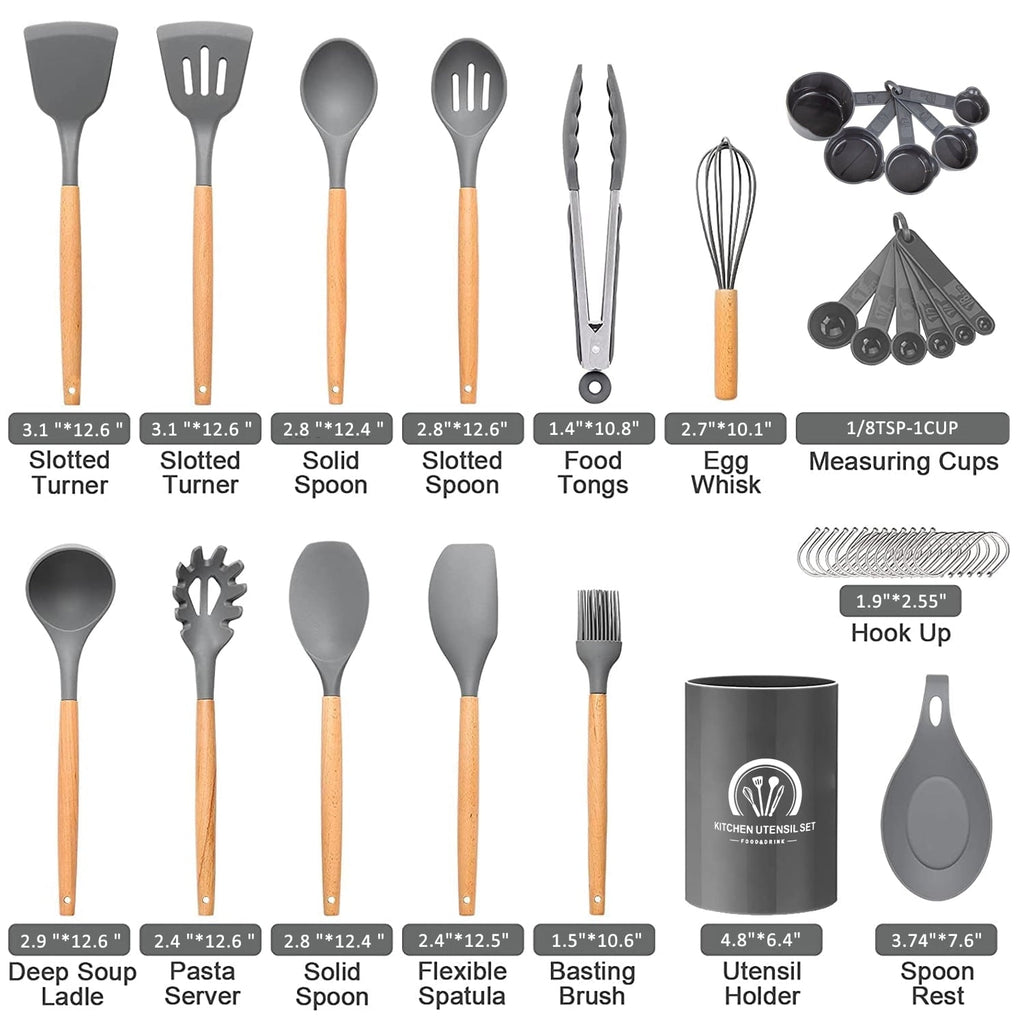 Heavy Duty Silicone Cooking Utensils Set, 446°F Heat Resistant Wooden Handle Cooking Kitchen Utensils Spatula Set with Holder fo... - Professional Kitchen Tool for Culinary Enthusiasts Detail