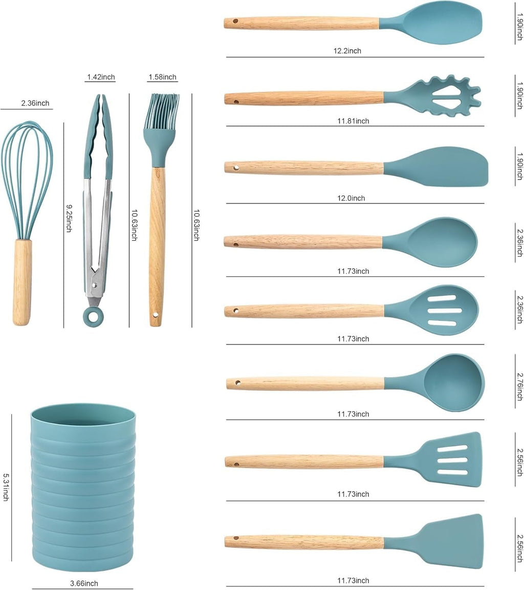 Ergonomic Cooking Small Silicone Cooking Utensils with Holder Set (12Pack), Aqua Kitchen Tools with Wooden Handle for Nonstick... - Durable Turner & Ladle Utensil Set for Home Chefs Detail