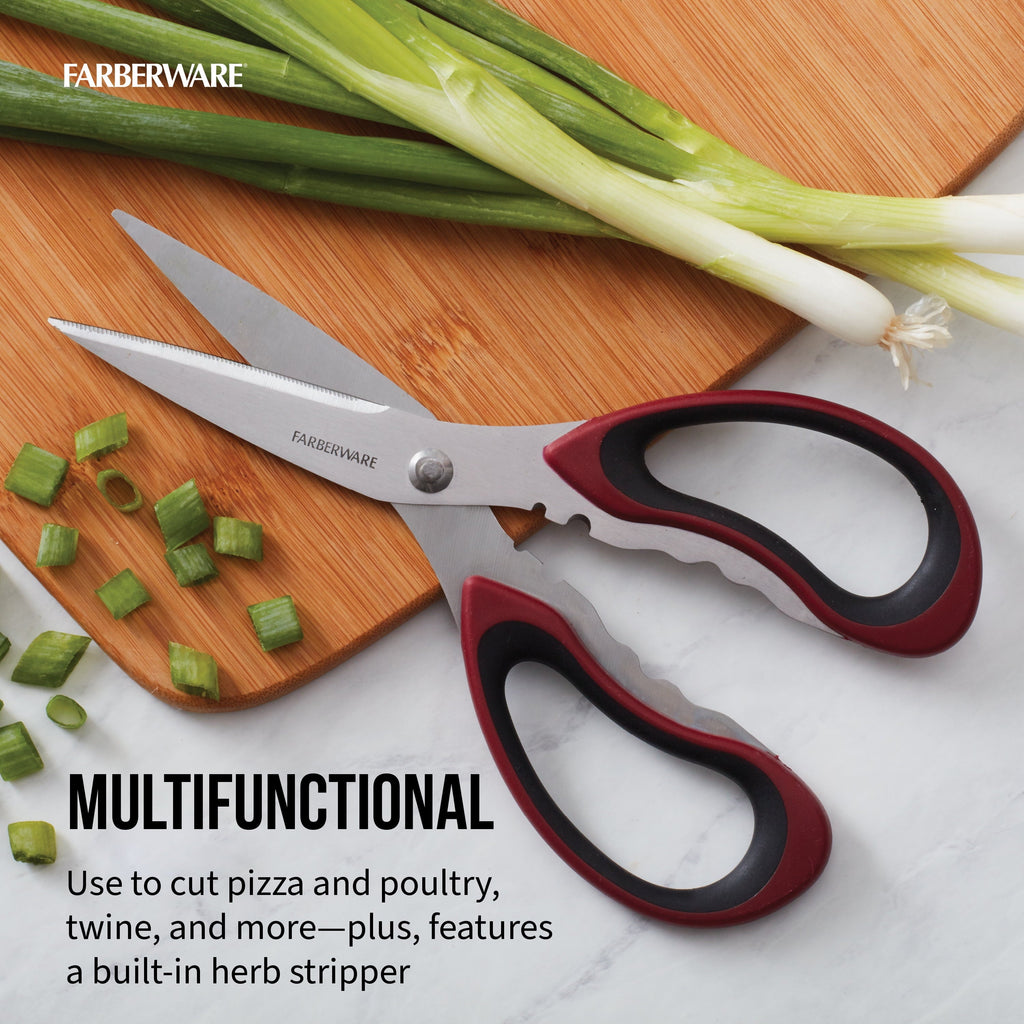 Premium Kitchen Stainless Steel Kitchen and Herb Shears with Red and Black Handle - Premium Stainless Steel Garlic Presser & Peeler Detail