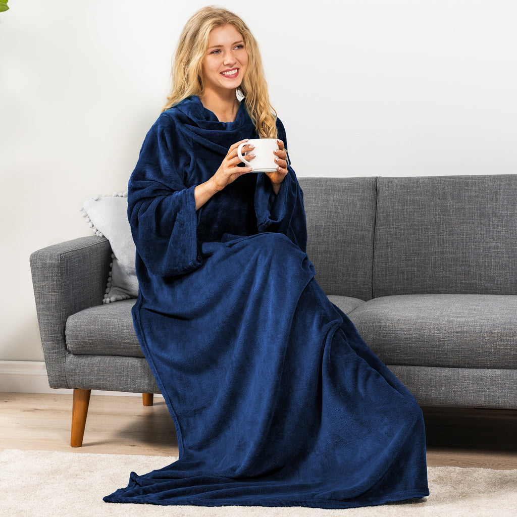 Decorative Knitted Navy Blue Fleece Wearable Blanket with Sleeves for Adults Women Men, Soft Warm Full Body Wrap Throw, Sweatshirt Pocke... - Cozy Fleece Throw Blanket for Couch & Bed Detail
