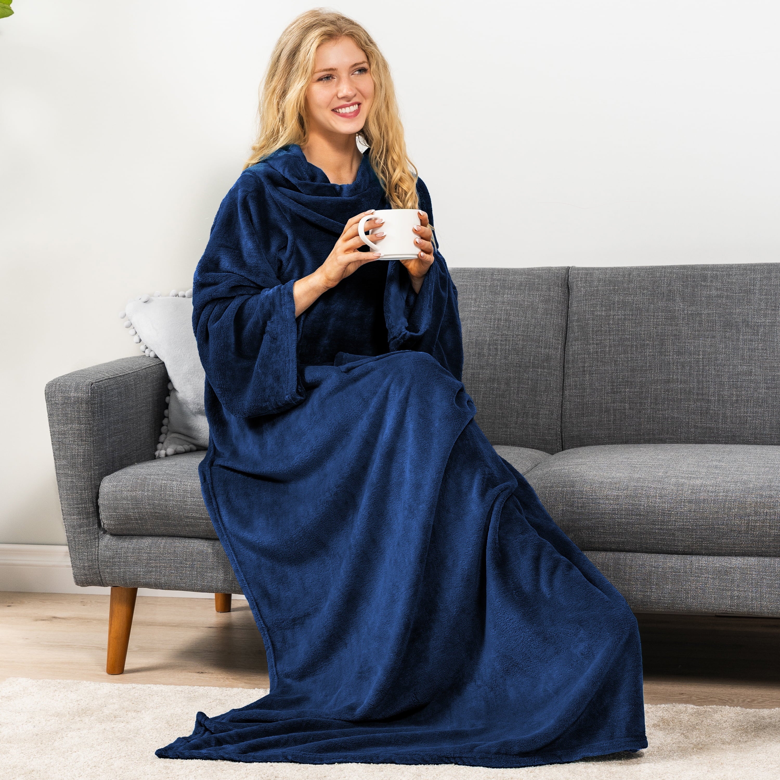 Decorative Knitted Navy Blue Fleece Wearable Blanket with Sleeves for Adults Women Men, Soft Warm Full Body Wrap Throw, Sweatshirt Pocke... - Cozy Fleece Throw Blanket for Couch & Bed Detail