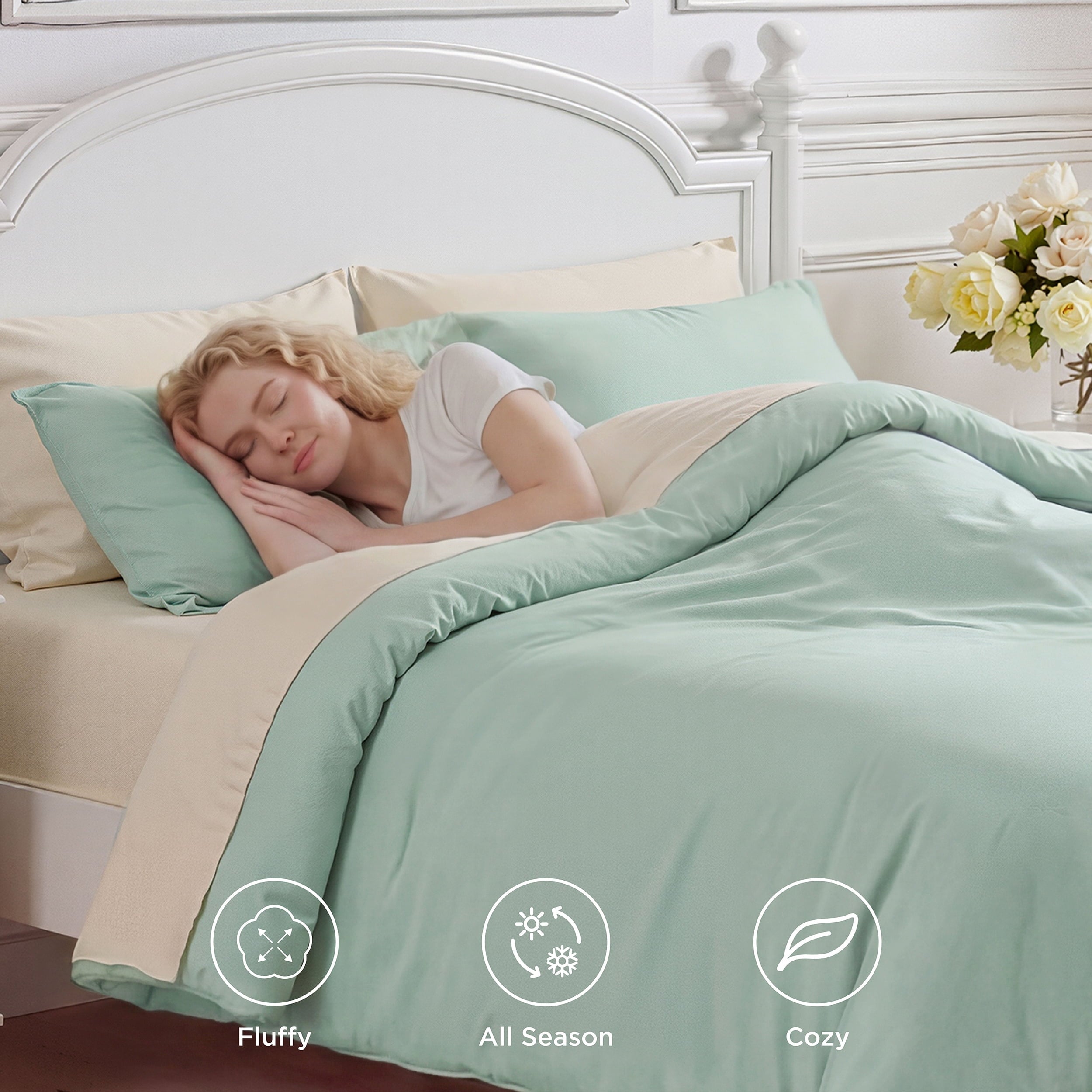 Fluffy Down Alternative Queen Comforter Set Sage Green, 7 Pieces Lightweight Queen Bedding Sets, Contrasting Design - Luxurious Quilted Duvet Cover Set Detail