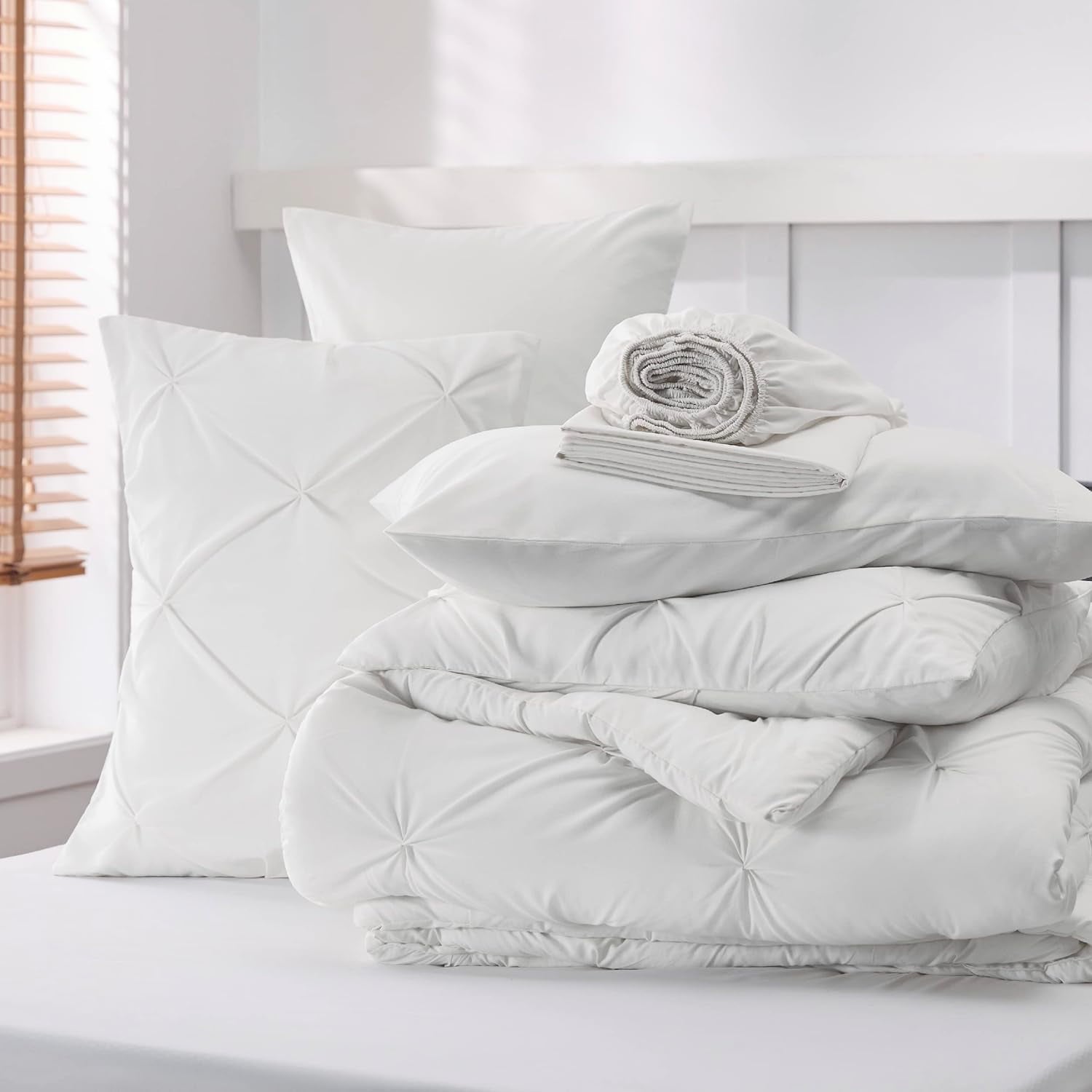 Luxurious Quilted White Queen Comforter Set- 7 Pieces Pintuck Bedding Set with Comforters, Sheets, Pillowcases & Shams - Luxurious Quilted Duvet Cover Set Detail