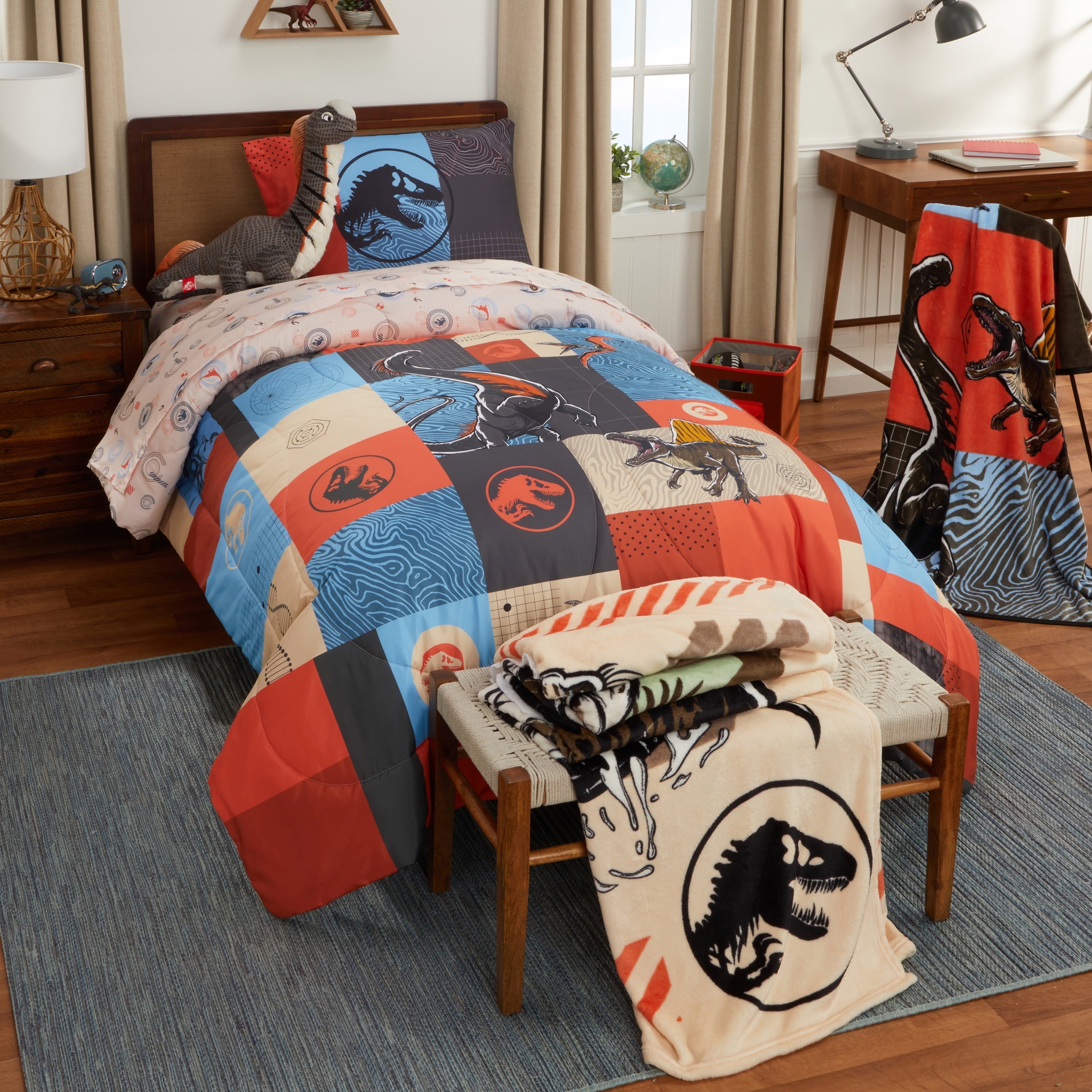 All-Season Kids 2 Piece Blue Orange Reversible Dinosaur Comforter and Pillowcase set, Twin/full - Hypoallergenic Ultra-Fluffy Quilt for Winter Detail