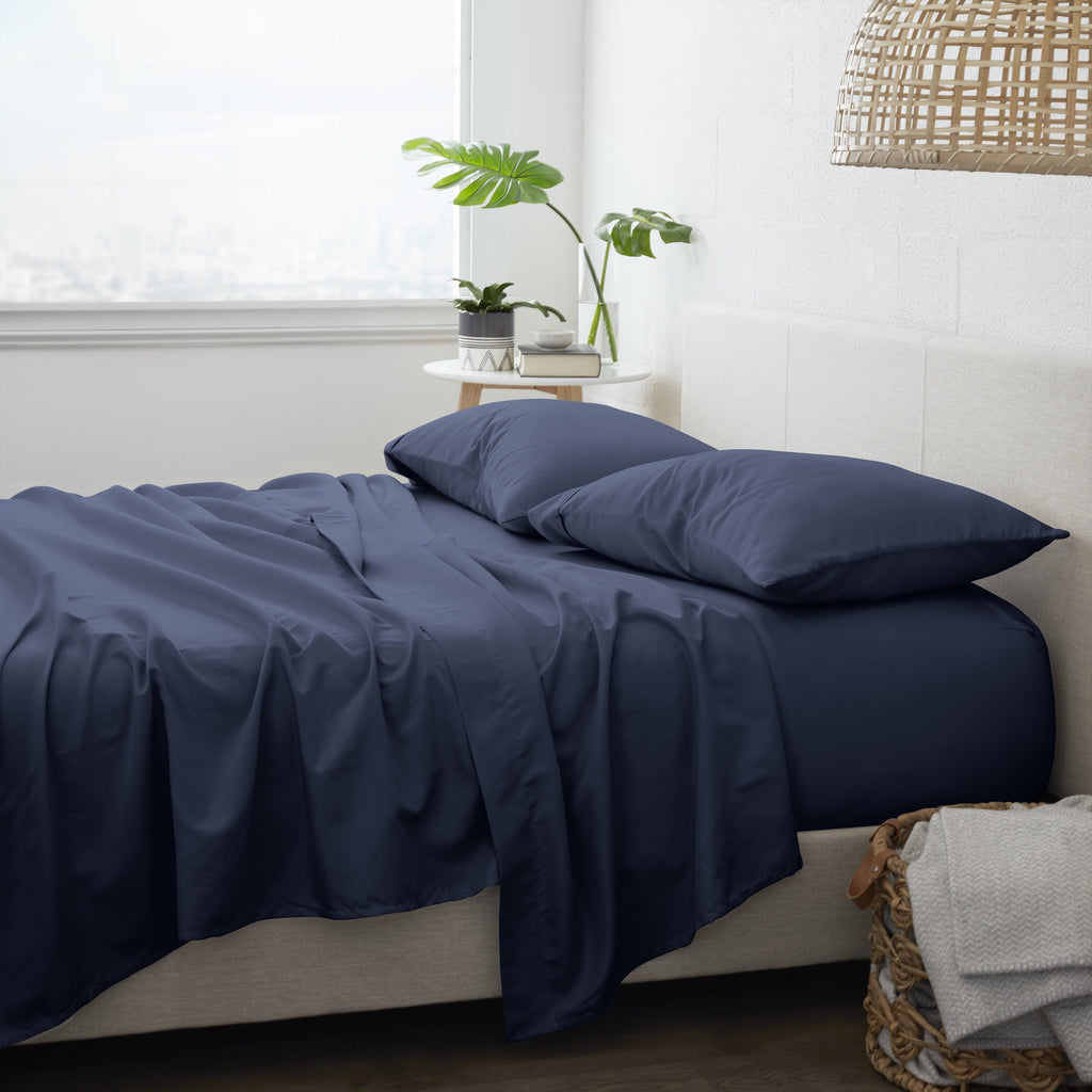 Premium Egyptian Cotton 4 Piece Solid Microfiber Bed Sheet Set, Navy, Queen - Cooling Hotel Quality Bedding Sheets and Pillowcases Detail