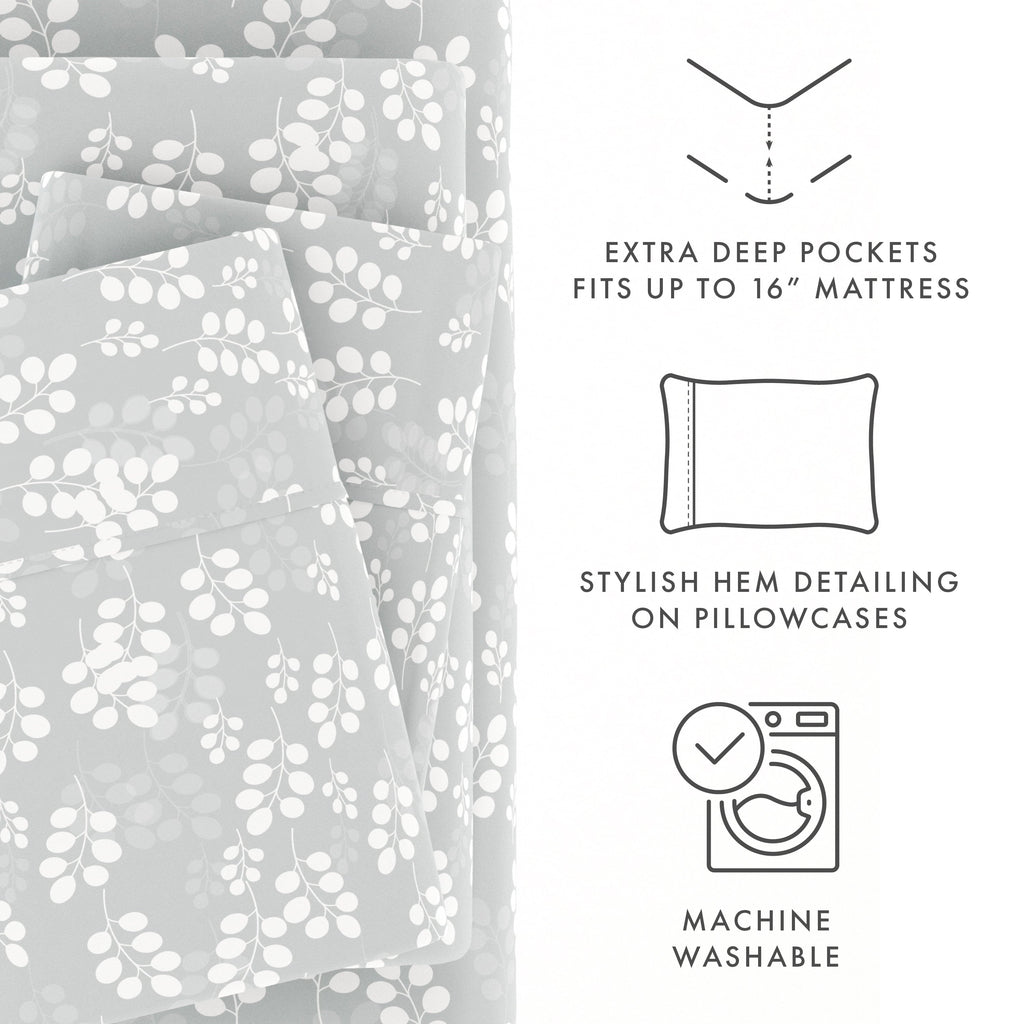 Ultra-Soft 4 Piece Pattern Microfiber Bed Sheets Set, Gray Wheat, Full - Premium Ultra-Soft Pillowcase Pair for Sleeping Detail
