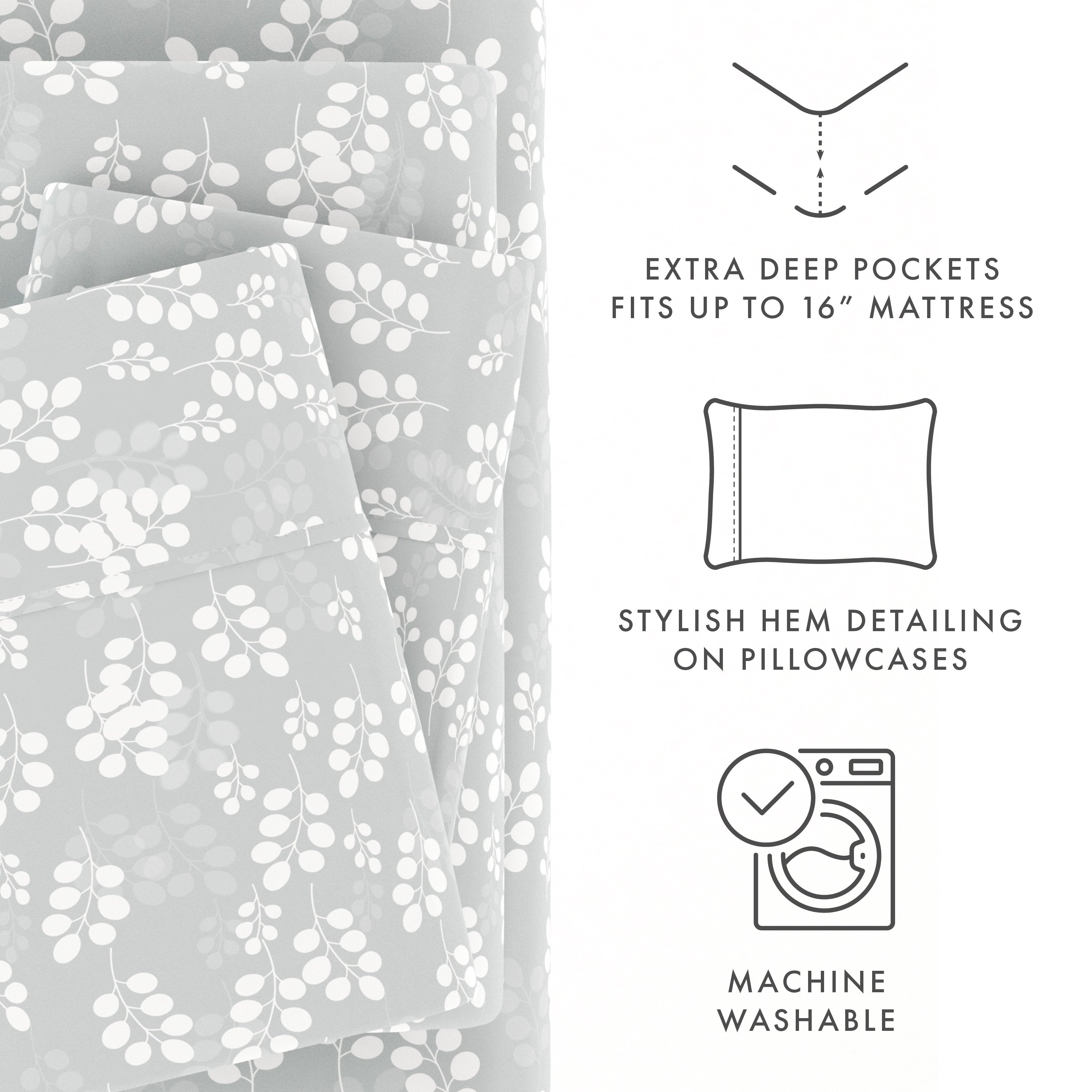 Ultra-Soft 4 Piece Pattern Microfiber Bed Sheets Set, Gray Wheat, Full - Premium Ultra-Soft Pillowcase Pair for Sleeping Detail