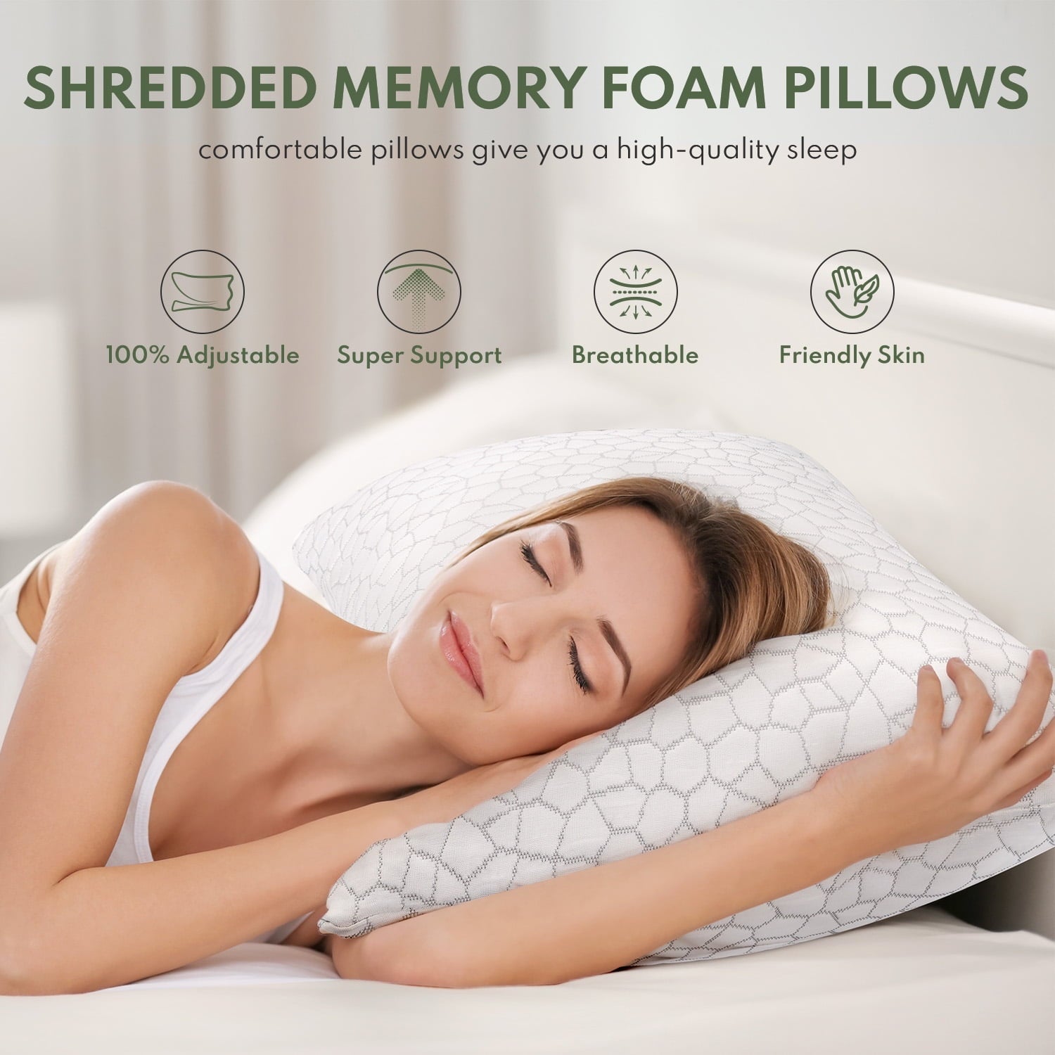 Ergonomic Memory Foam Cooling Memory Foam Queen Pillows for bed 2 Pack,Adjustable Support & Heat Dissipation Tech for Side,Back,Stomach & H... - Orthopedic Shredded Foam Bed Pillow Set Detail