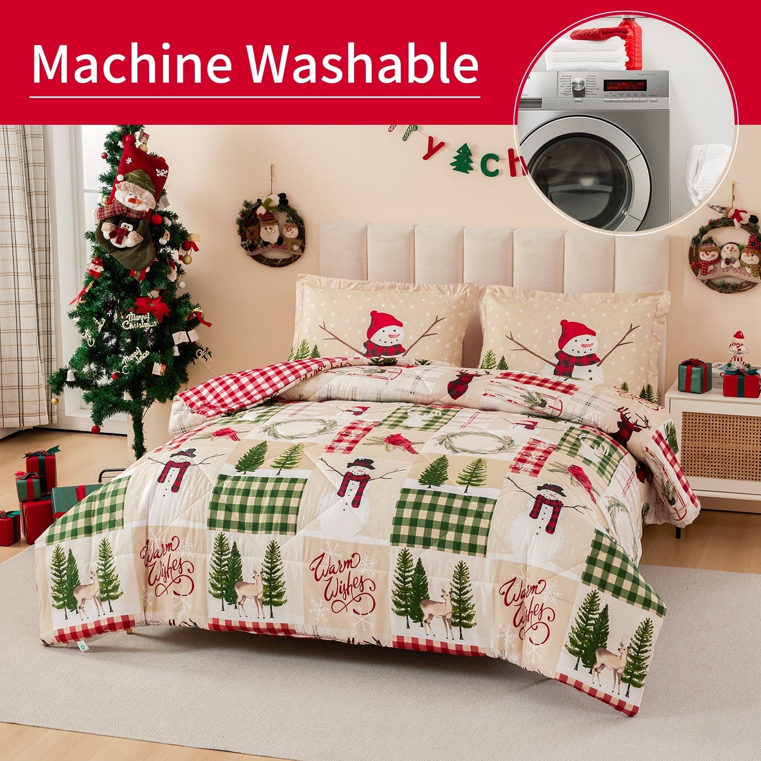 Fluffy Down Alternative 3 Pcs Christmas Comforter Set, Bed in a Bag Wreath Snowman Queen/Full Size Xmas Bedding Set Fitted Pillowcases for Adult - Hypoallergenic Ultra-Fluffy Quilt for Winter Detail