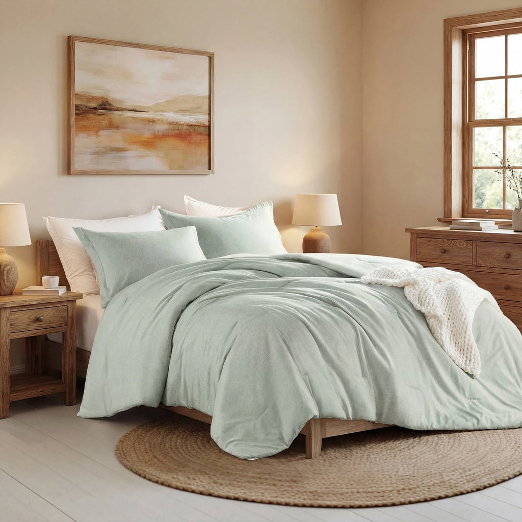 Fluffy Down Alternative Full/Queen Comforter Sets, Reversible 3 Piece Extra Soft Bedding Set, Chambray Print Sage Green Comforter Bed Set wit... - Hypoallergenic Ultra-Fluffy Quilt for Winter Detail