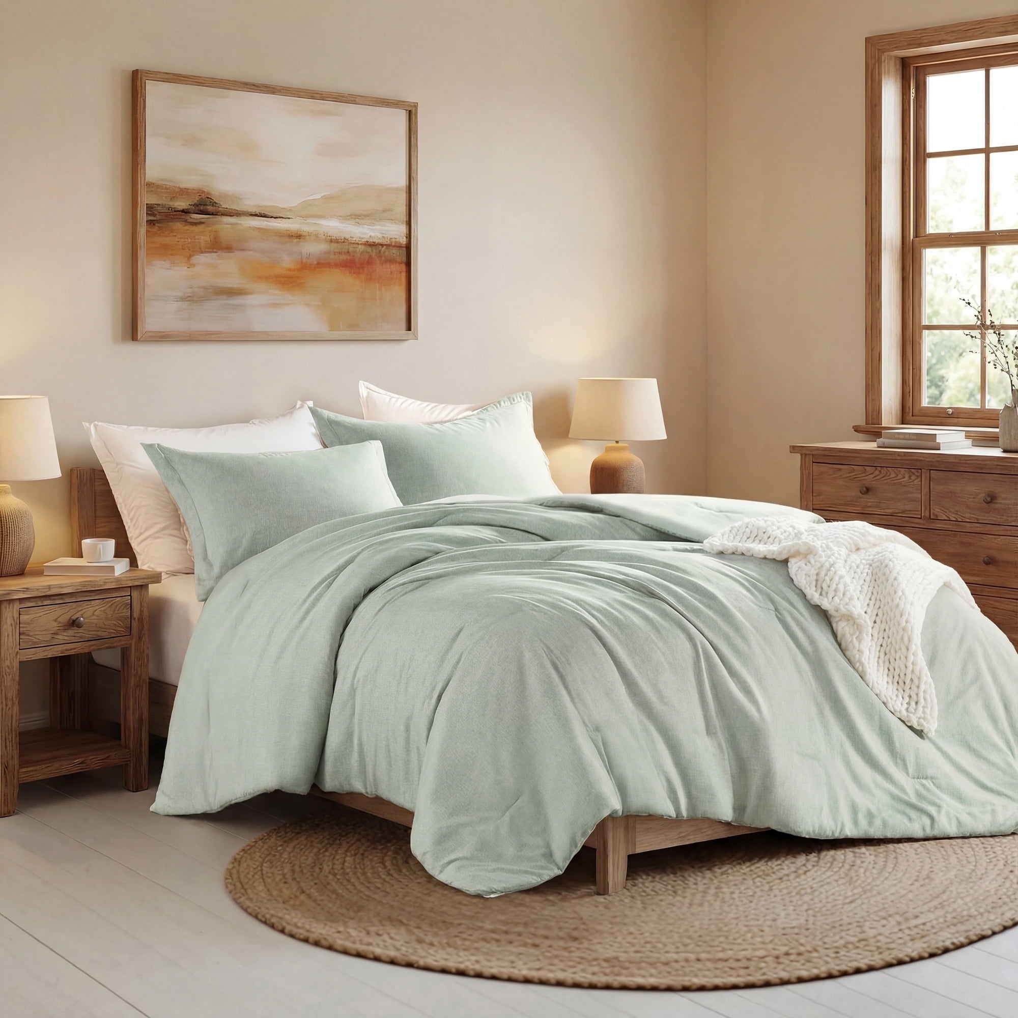 Fluffy Down Alternative Full/Queen Comforter Sets, Reversible 3 Piece Extra Soft Bedding Set, Chambray Print Sage Green Comforter Bed Set wit... - Hypoallergenic Ultra-Fluffy Quilt for Winter Detail