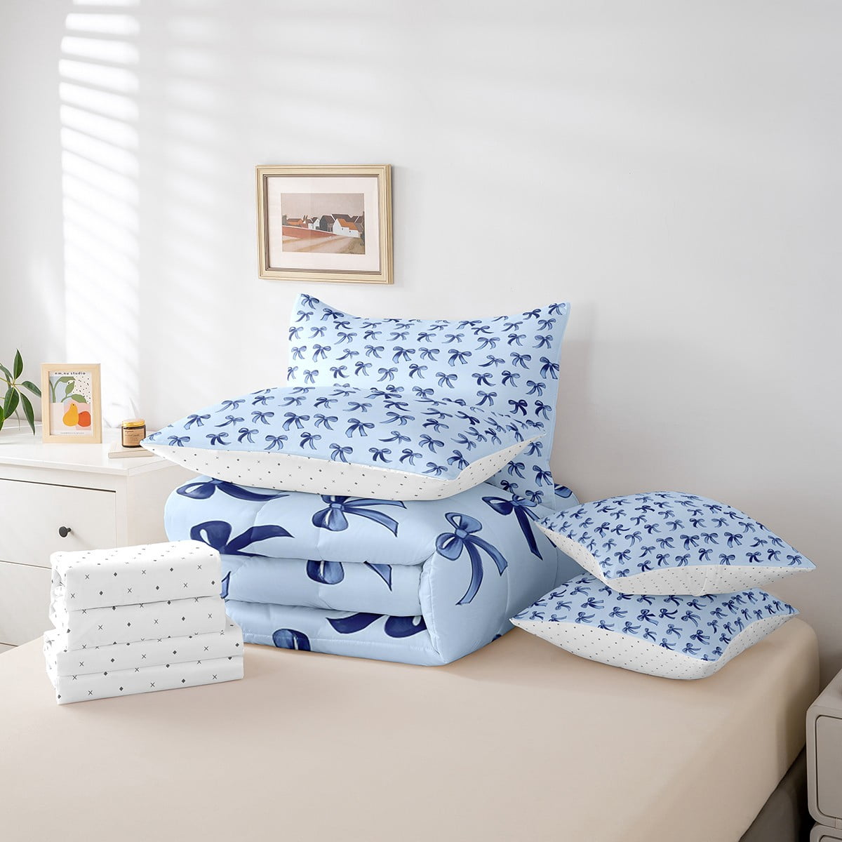 Fluffy Down Alternative Cute Bowknot Twin Bedding Sets 7-Piece,Girls Ribbon Bow Bedding Comforter Set,Dreamy Blue Sheet Sets For Girls,Super ... - Luxurious Quilted Duvet Cover Set Detail