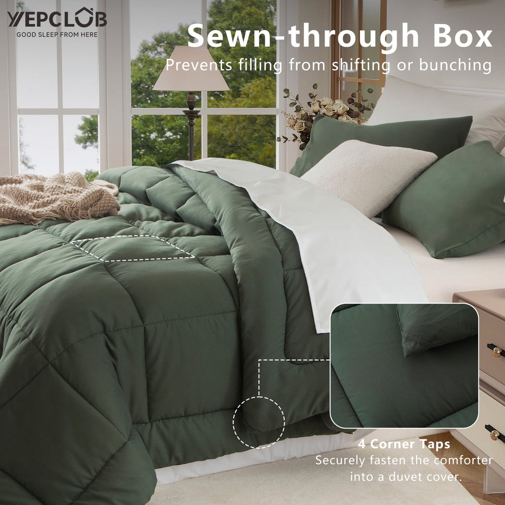 All-Season 3-Piece Twin Size Comforter Set, Green Down Alternative Reversible Bedding Set, All-Season Quilted Soft Comforter wit... - All-Season Down Alternative Comforter Insert Detail