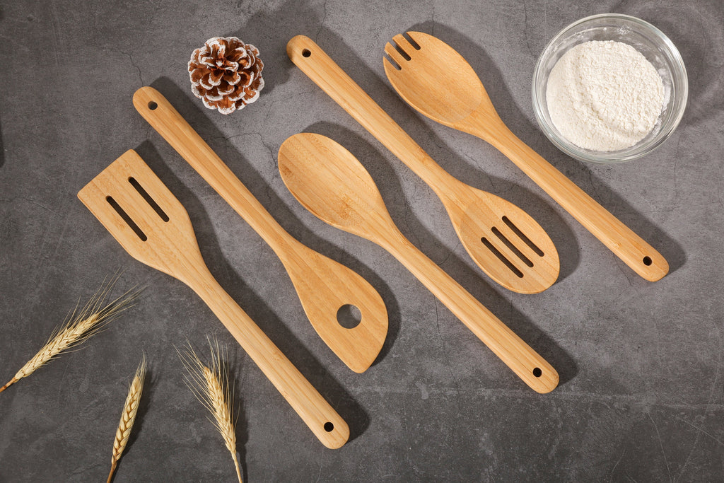 Heat-Resistant 5pk Bamboo Spoons for Cooking, Kitchen Essential Tools Set - Durable Turner & Ladle Utensil Set for Home Chefs Detail
