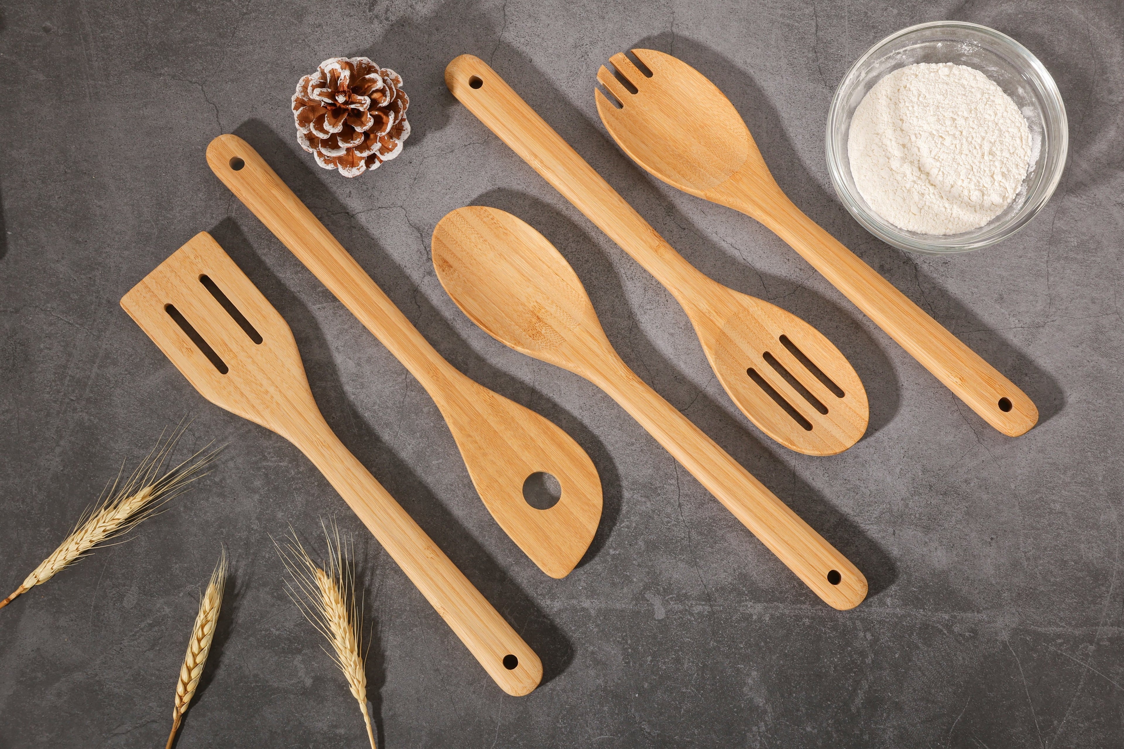 Heat-Resistant 5pk Bamboo Spoons for Cooking, Kitchen Essential Tools Set - Durable Turner & Ladle Utensil Set for Home Chefs Detail