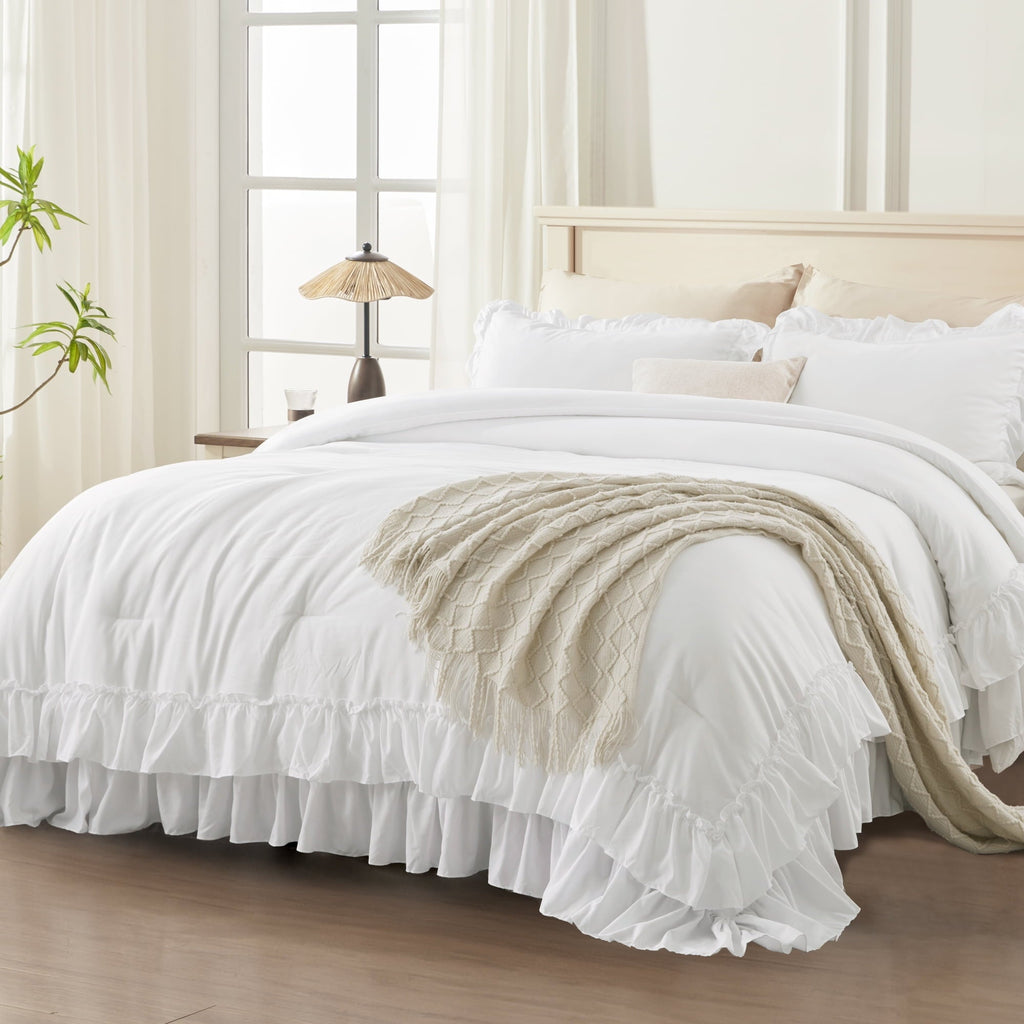 Heavyweight Warmth Queen Comforter Set White - 3 Pieces Soft Fluffy Ruffle Bedding Comforter Sets for Queen Bed, All Season Farmhouse Li... - All-Season Down Alternative Comforter Insert - Default Title