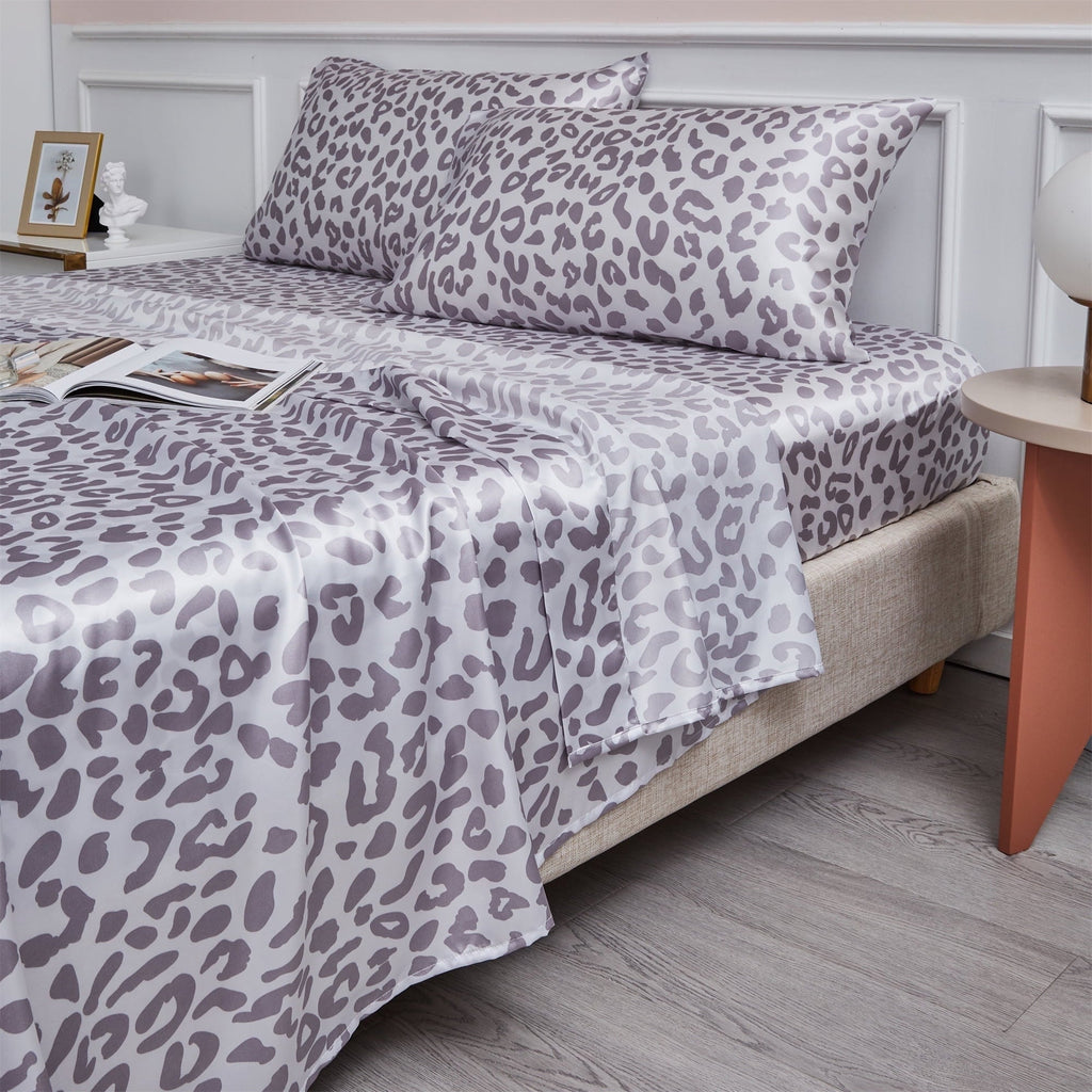 Cooling Sateen Satin Sheets Twin Silk Sheets Silver Leopard Bed Sheet Set Deep Pocket Bed Flat Fitted Sheet, 3-Pieces - Cooling Hotel Quality Bedding Sheets and Pillowcases - Default Title