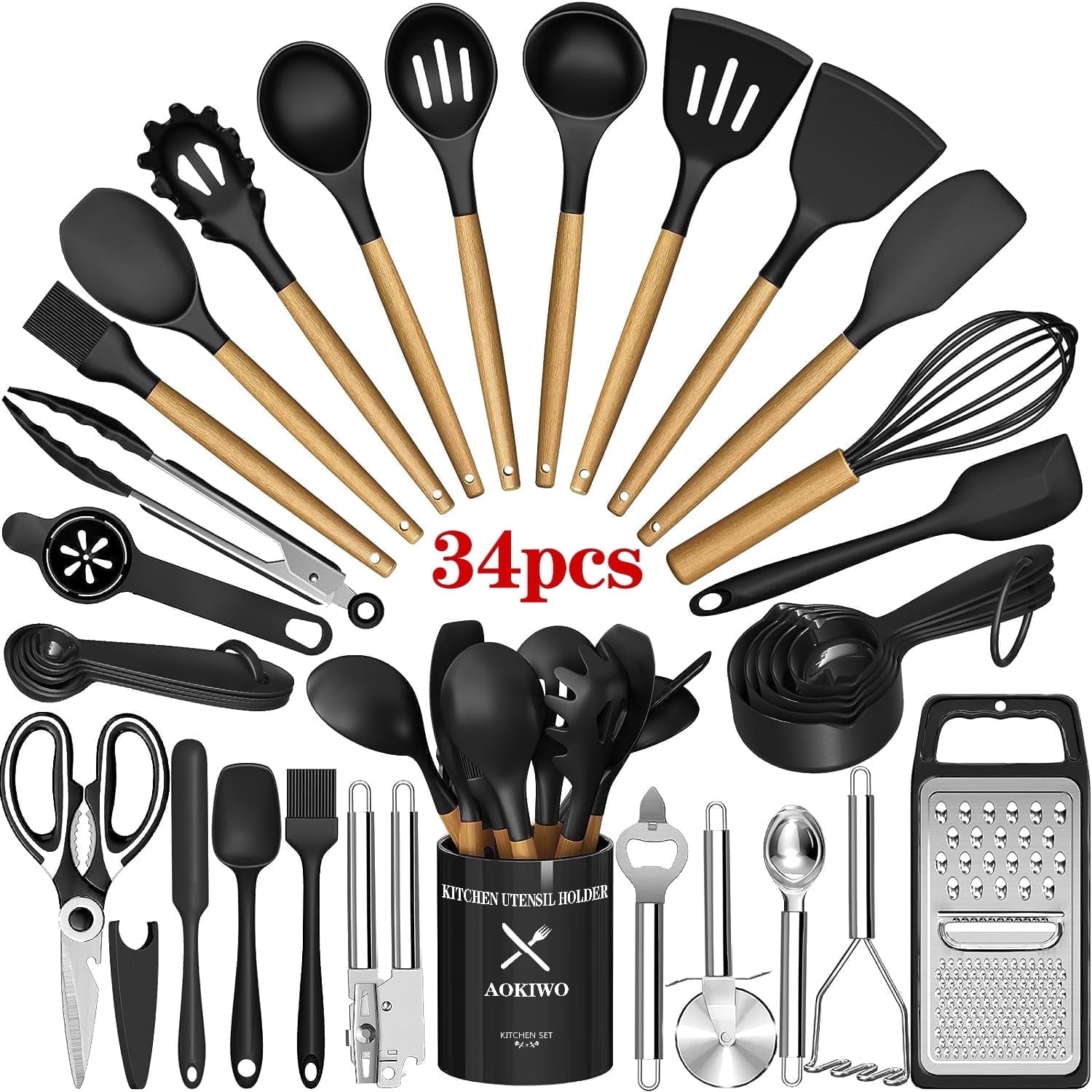 Chef-Quality Kitchen Utensil Set, 34Pieces Silicone Cooking Utensil Set with Wooden Handle, Heat Resistant Spatula Set Gadg... - Multi-Purpose Hand Tool for Daily Meal Prep - Default Title