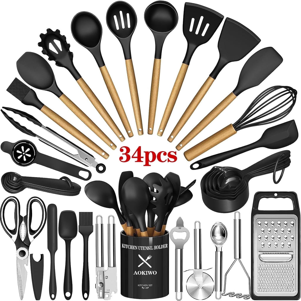 Ergonomic Cooking Kitchen Utensil Set, 34Pieces Silicone Cooking Utensil Set with Wooden Handle, Heat Resistant Spatula Set Gadg... - Heat-Resistant Silicone Cooking Spatula Turner - Default Title