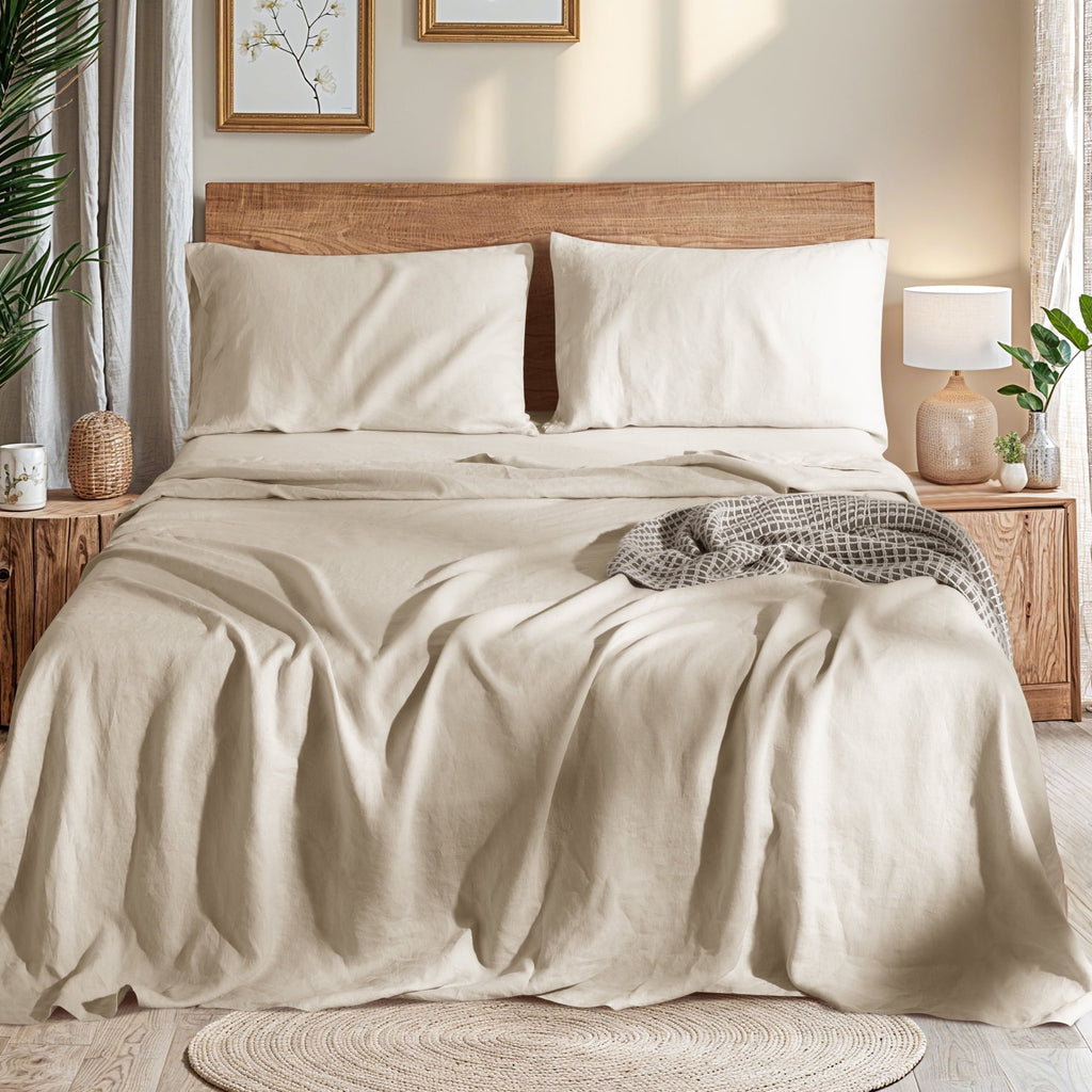 Ultra-Soft Natural Linen Cotton Bed Sheets Set, Deep Pocket - Breathable - Durable - 4 Pieces (Linen, Queen) - Premium Ultra-Soft Pillowcase Pair for Sleeping - Default Title