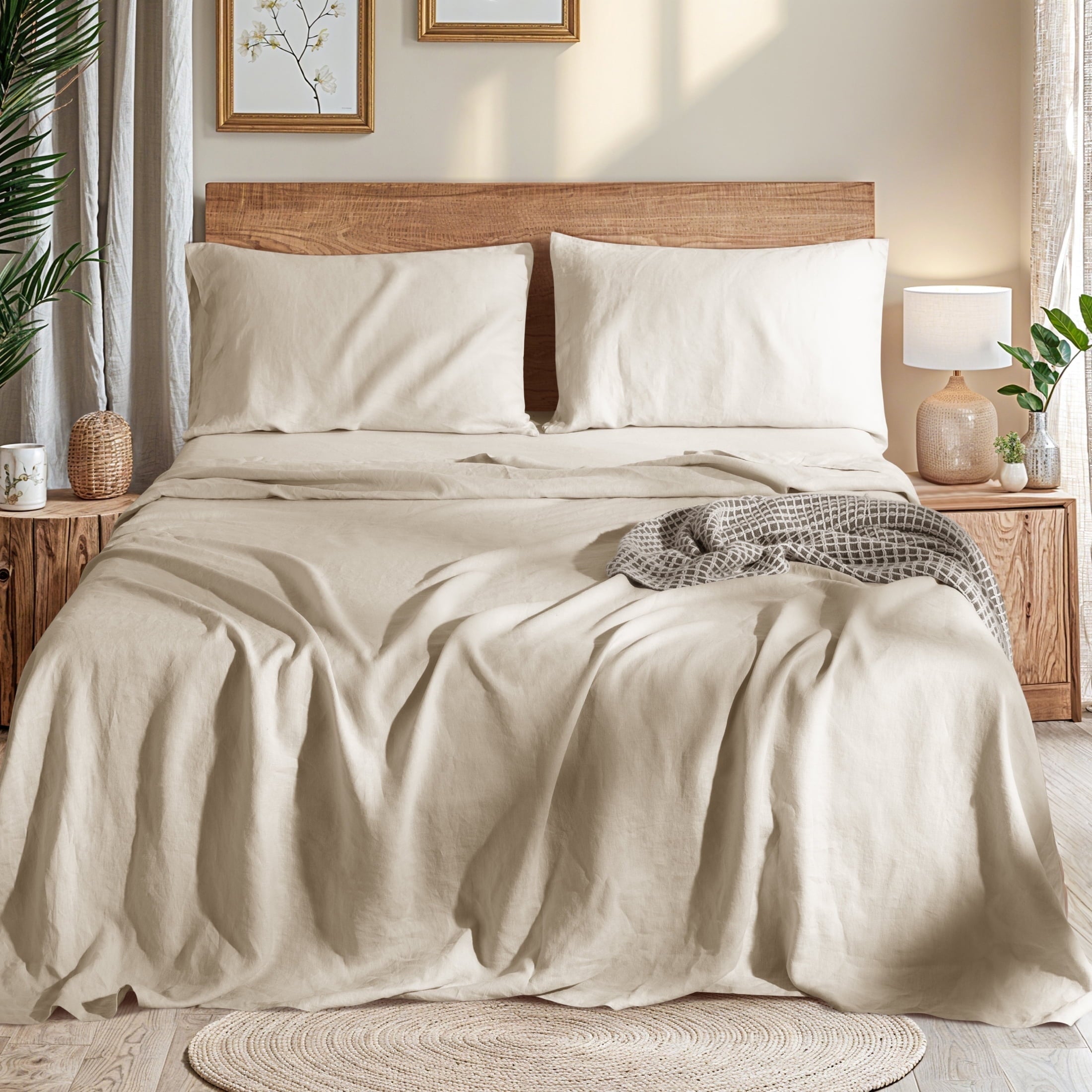Ultra-Soft Natural Linen Cotton Bed Sheets Set, Deep Pocket - Breathable - Durable - 4 Pieces (Linen, Queen) - Premium Ultra-Soft Pillowcase Pair for Sleeping - Default Title
