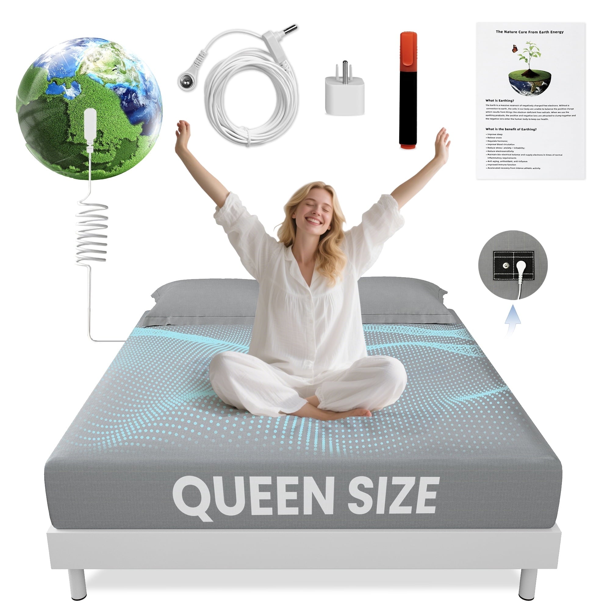 Premium Egyptian Cotton Grounding Sheets Queen Size 90% Organic Cotton + 10% Pure Silver Fitted Bed Sheet Gray Fiber Grounding Sheet Earth Ce... - Premium Ultra-Soft Pillowcase Pair for Sleeping - Default Title