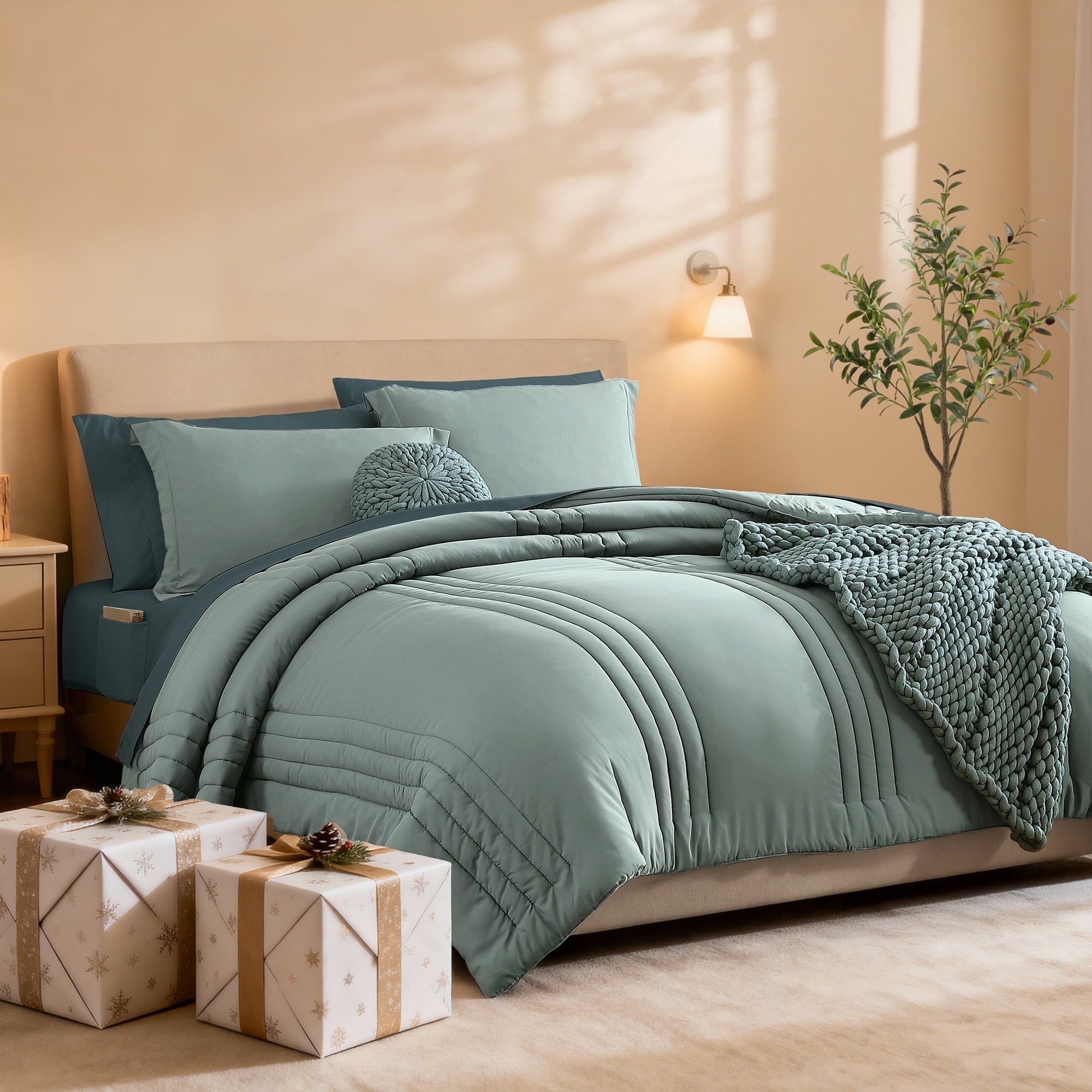 Luxurious Quilted 7-piece Bed in a Bag Comforter Set with Sheets,Sage Green,Full - Luxurious Quilted Duvet Cover Set - Default Title