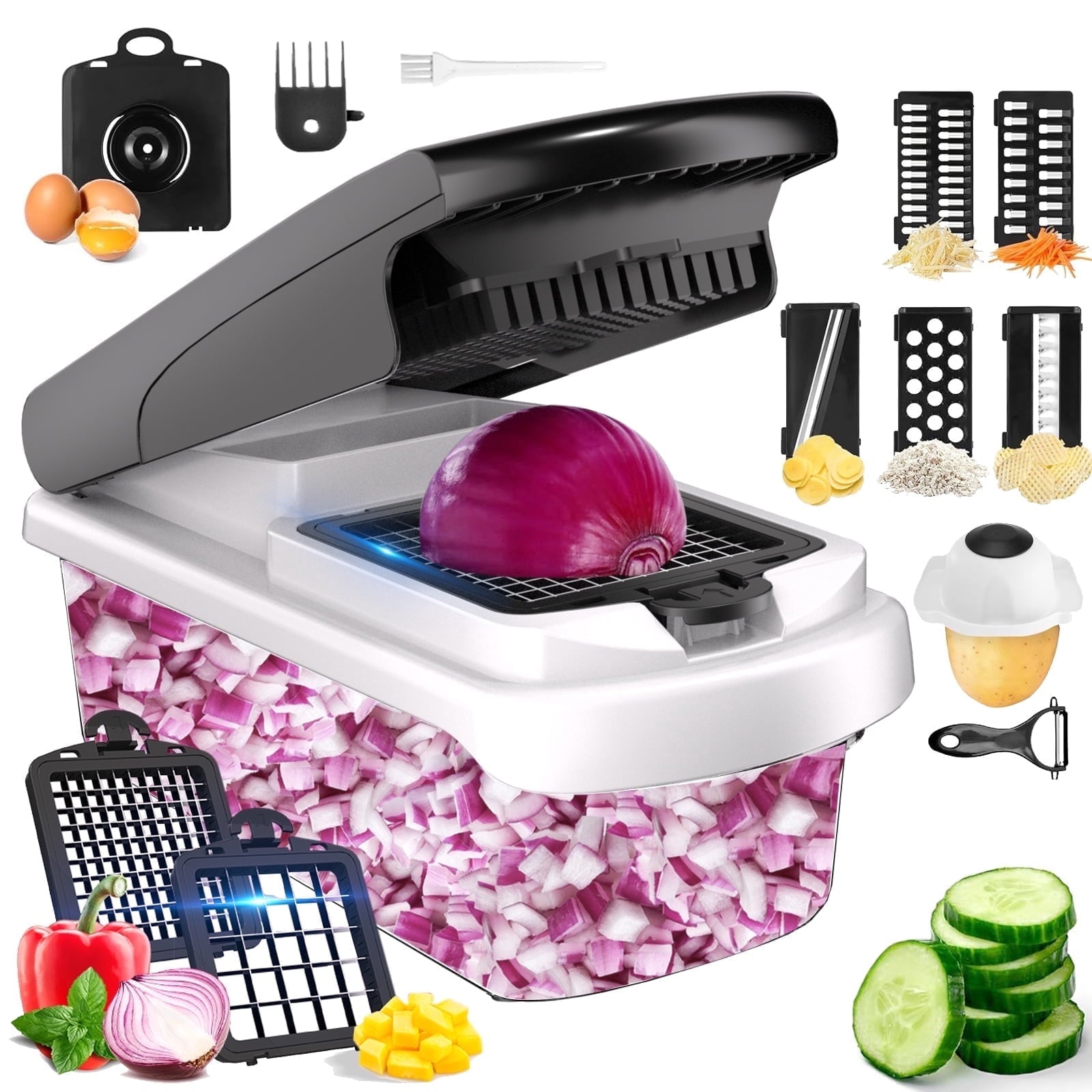 Ergonomic Manual Vegetable Chopper Food Slicer, 15 in 1 Multi-Function Food Chopper for Onion, Veggie, Cheese Grater, Vegetable... - Premium Stainless Steel Garlic Presser & Peeler - Default Title
