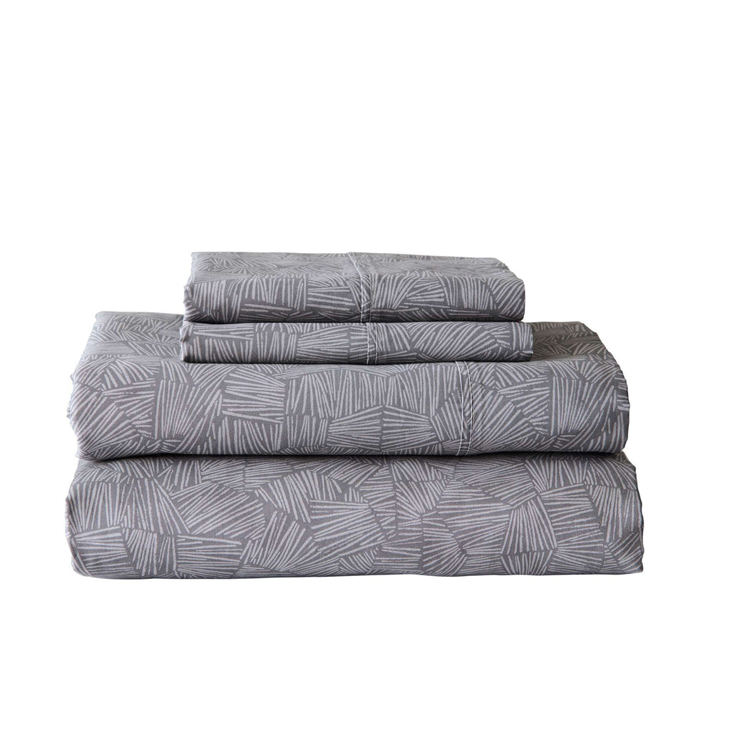 Breathable Luxury 300 Thread Count 4-Piece Cotton Percale Ziggy Geo Print Grey Flannel Bed Sheet Set, Full - Cooling Hotel Quality Bedding Sheets and Pillowcases - Default Title