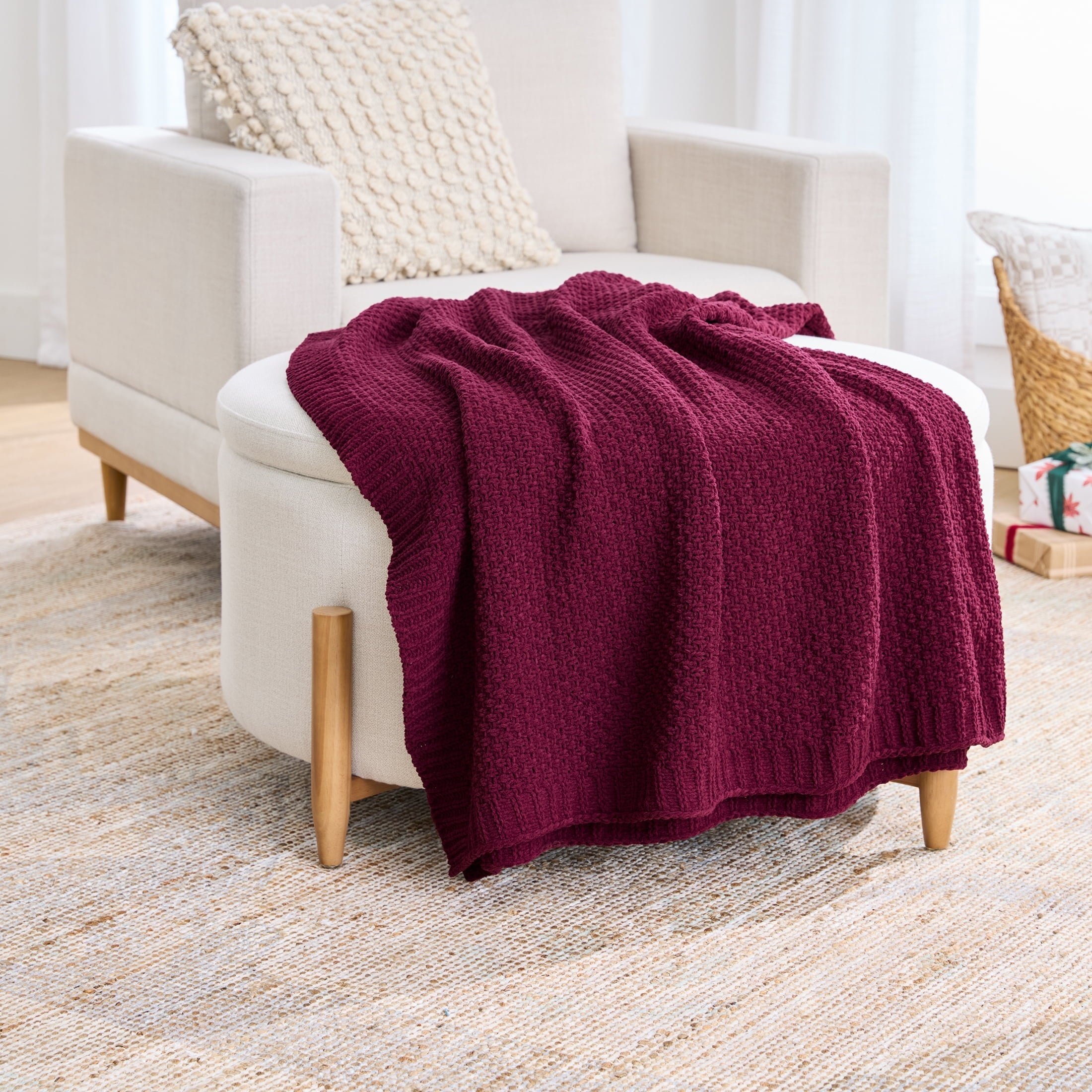 Cozy Fleece Chenille Knit Super Soft Oversized Throw Blanket, Merlot Wine - Luxury Knitted Decorative Throw Blanket with Fringes - Default Title