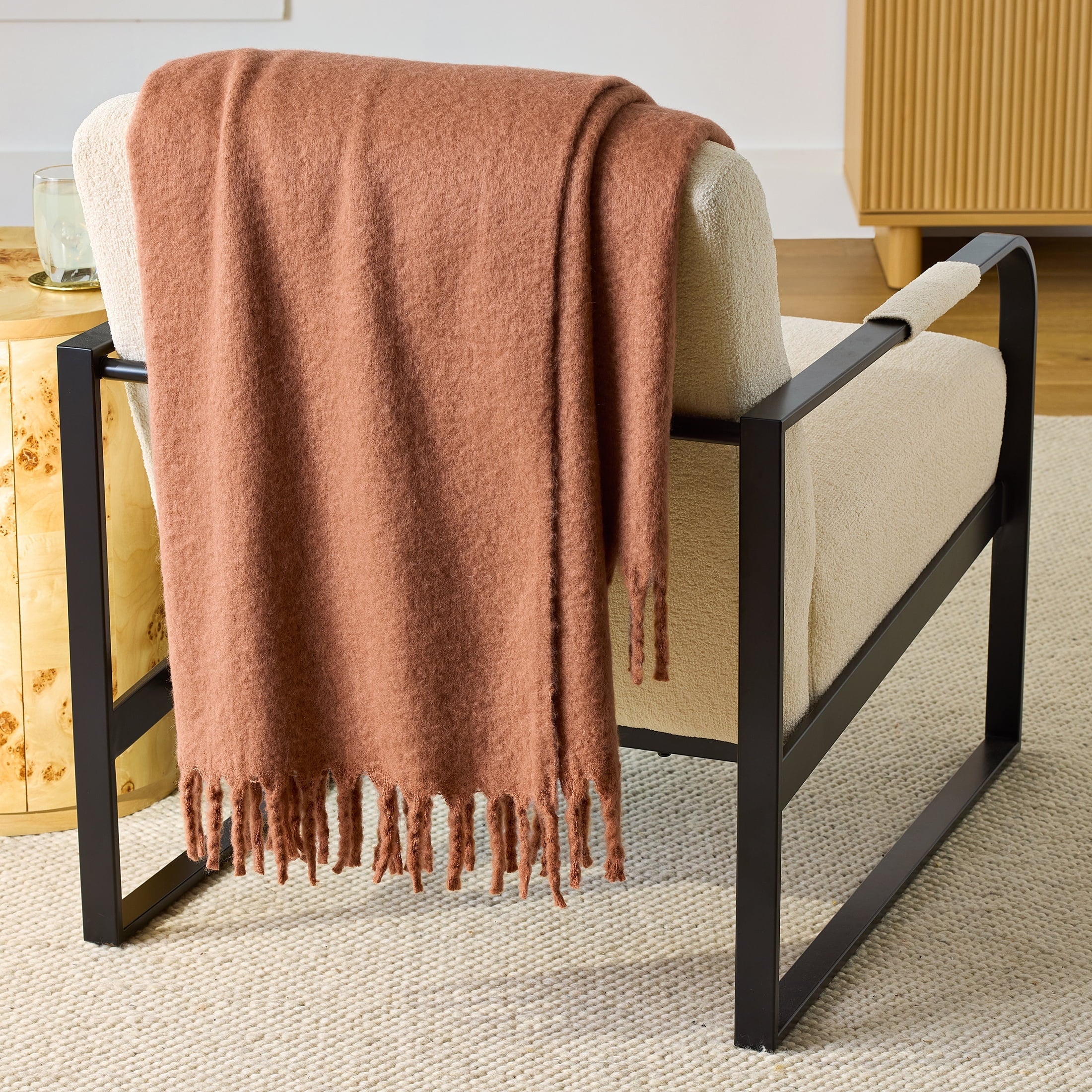 Super Soft Flannel Faux Mohair Cozy Couch Throw Blanket Terracotta Clay, 50x72" - Luxury Knitted Decorative Throw Blanket with Fringes - Default Title