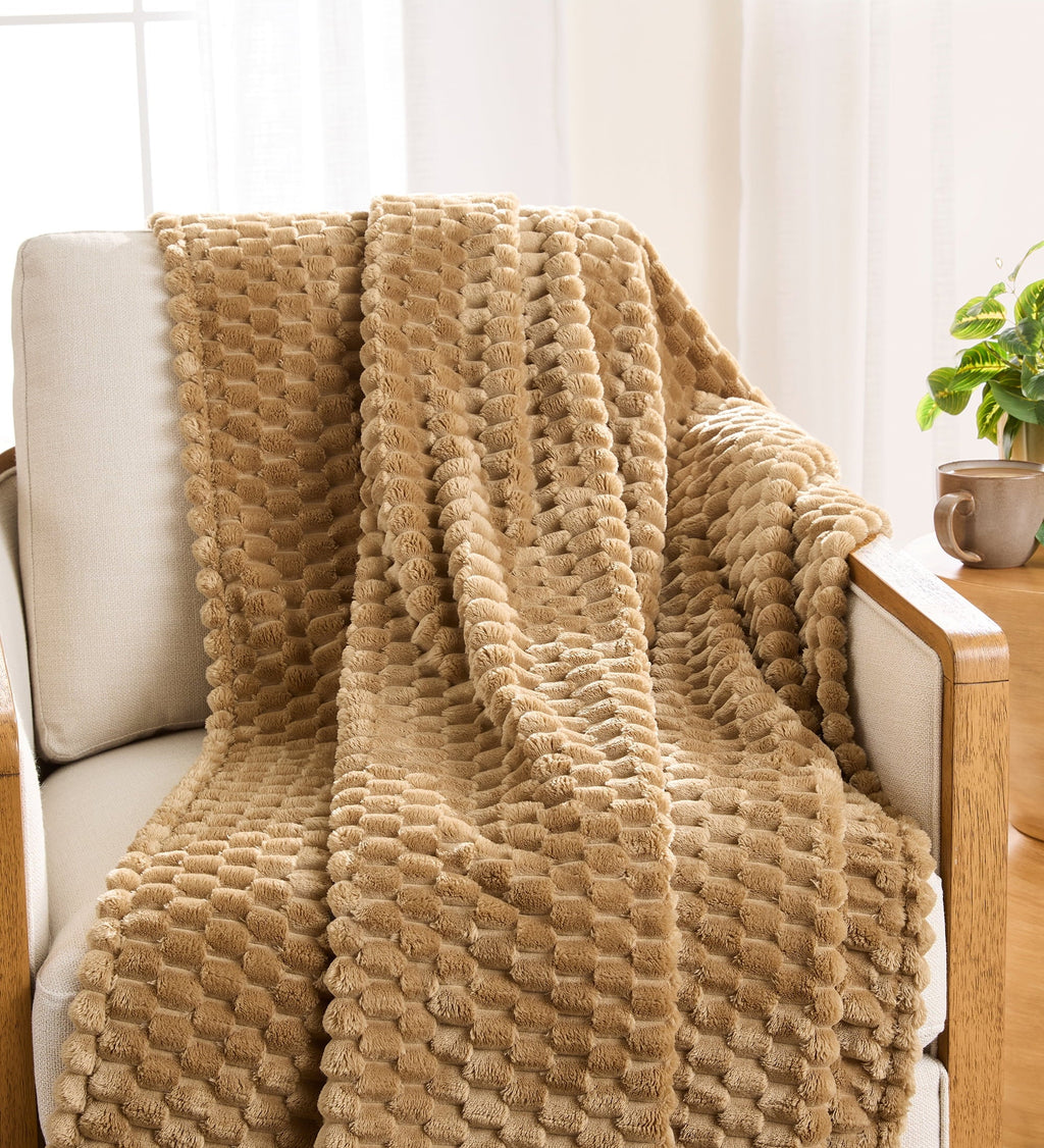 Cozy Fleece Textured Velvet Plush Oversized Throw Blanket in Dark Caramel - Lightweight Plush Warm Blanket for All Seasons - Default Title