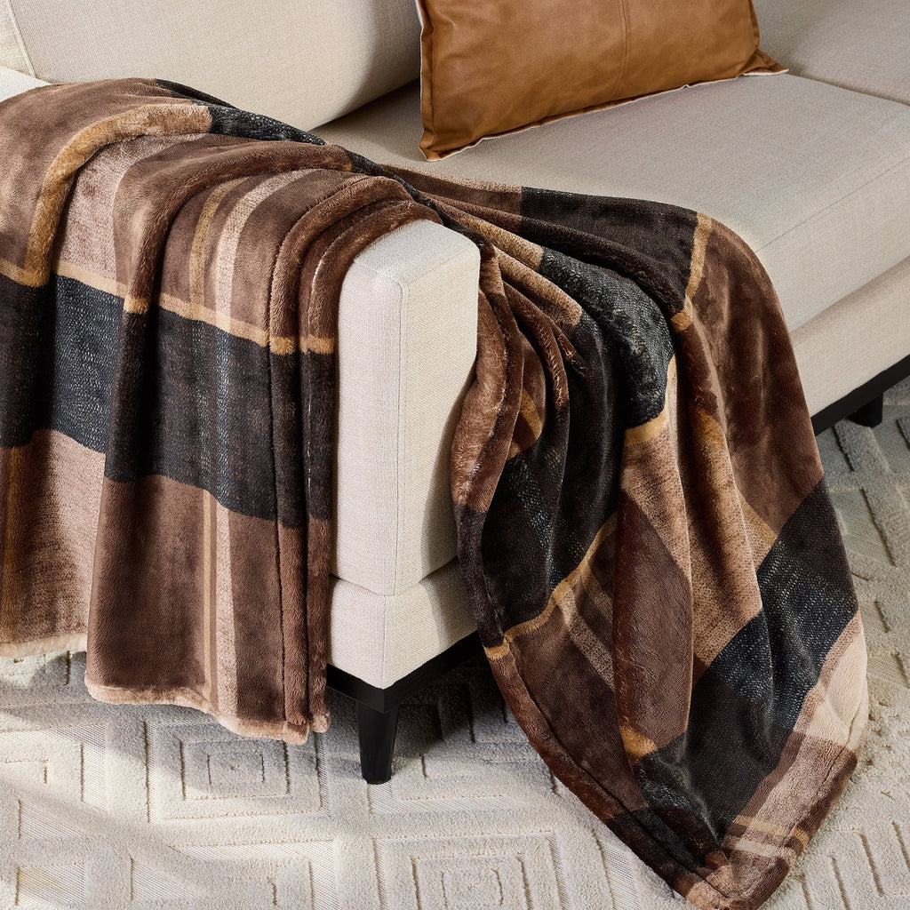 Reversible Sherpa Printed Velvet Plush Super Soft Throw Blanket, Oversized, Shelton Brown Plaid - Cozy Fleece Throw Blanket for Couch & Bed - Default Title