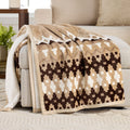 Decorative Knitted Printed Velvet Plush Reverse to Faux Fur Super Soft Throw Blanket, Oversized, Linder Border Beige - Luxury Knitted Decorative Throw Blanket with Fringes - Default Title