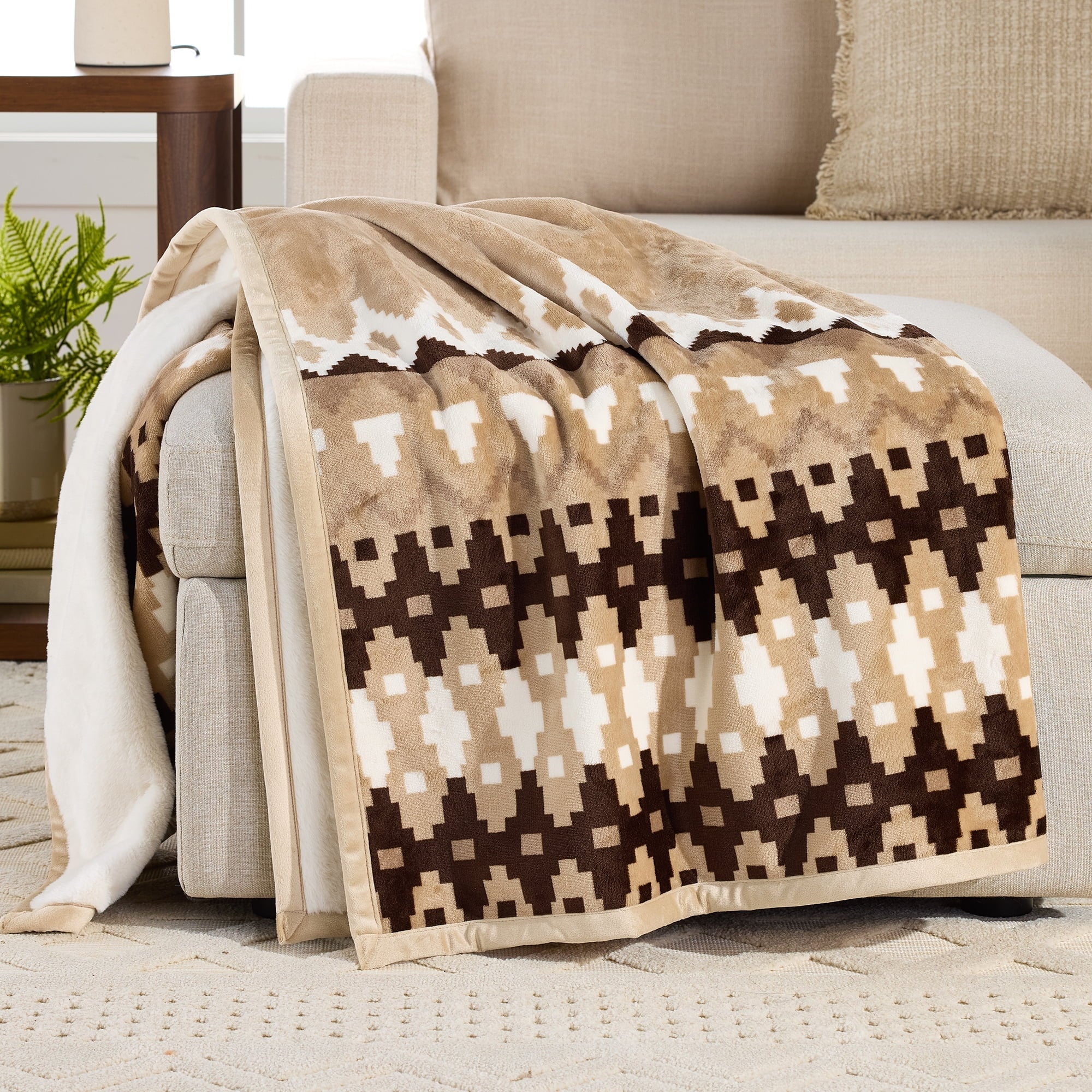 Decorative Knitted Printed Velvet Plush Reverse to Faux Fur Super Soft Throw Blanket, Oversized, Linder Border Beige - Luxury Knitted Decorative Throw Blanket with Fringes - Default Title