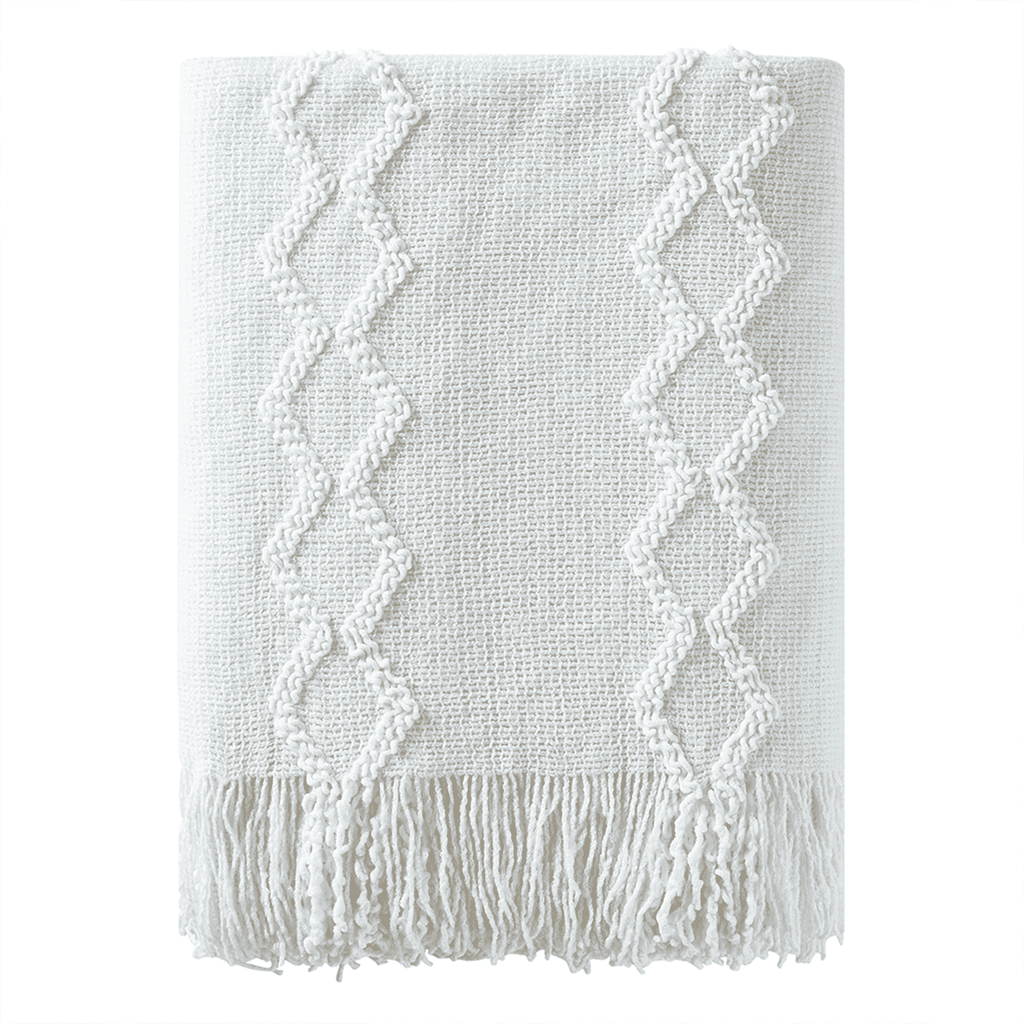 Lightweight Warm Fluffy Chenille Knitted Fringe Throw Blanket, Lightweight Soft Cozy Bed Sofa Chair Blanket, White, 50" x 60" - Cozy Fleece Throw Blanket for Couch & Bed - Default Title