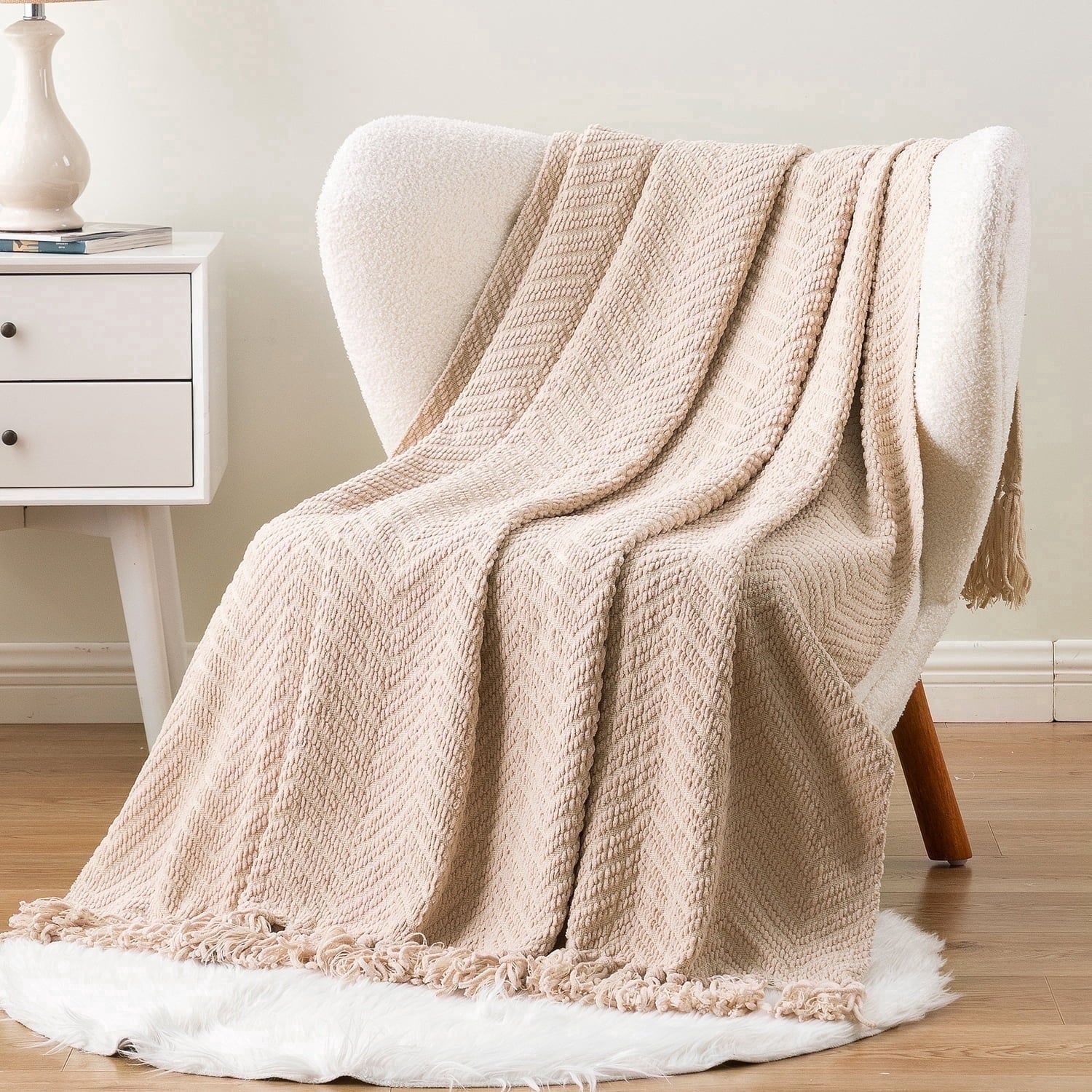 Decorative Knitted Beige Throw Blanket,Textured Knitted Tan Throws with Tassels,Neutral Sofa Bed Throws,50"x60" - Luxury Knitted Decorative Throw Blanket with Fringes - Default Title