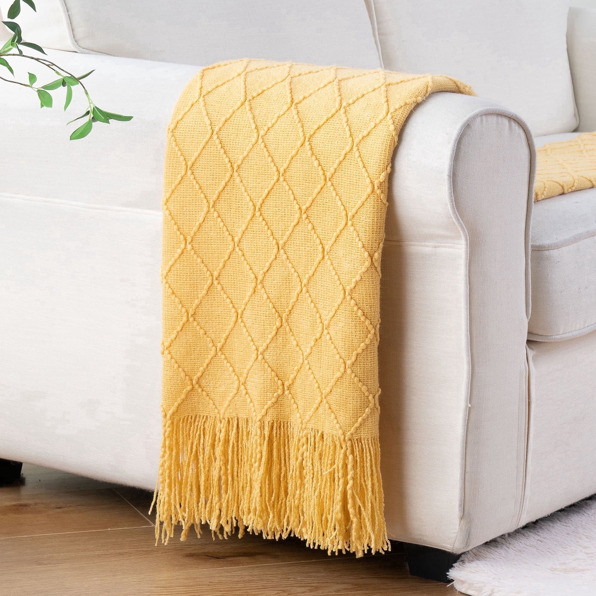 Reversible Sherpa Mustard Throw Blanket for Couch,Gold Yellow Knit Throw with Fringe,Outdoor Throw ,50"x60" - Lightweight Plush Warm Blanket for All Seasons - Default Title