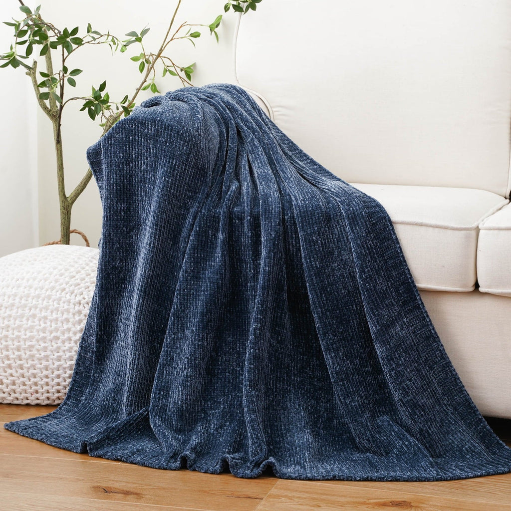 Decorative Knitted Navy Blue Chenille Throw for Couch Bed,Soft Navy Knit Blanket, Housewarming Gifts, 51"x 67" - Super Soft Reversible Sherpa Flannel Blanket - Default Title