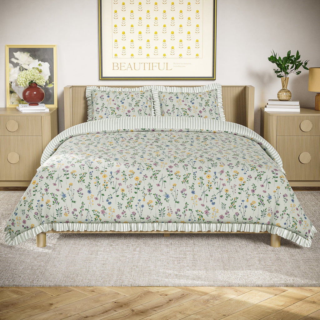 Fluffy Down Alternative 100% Cotton Botanical 3-Piece Sage Green Comforter Set, Full/Queen - Hypoallergenic Ultra-Fluffy Quilt for Winter - Default Title