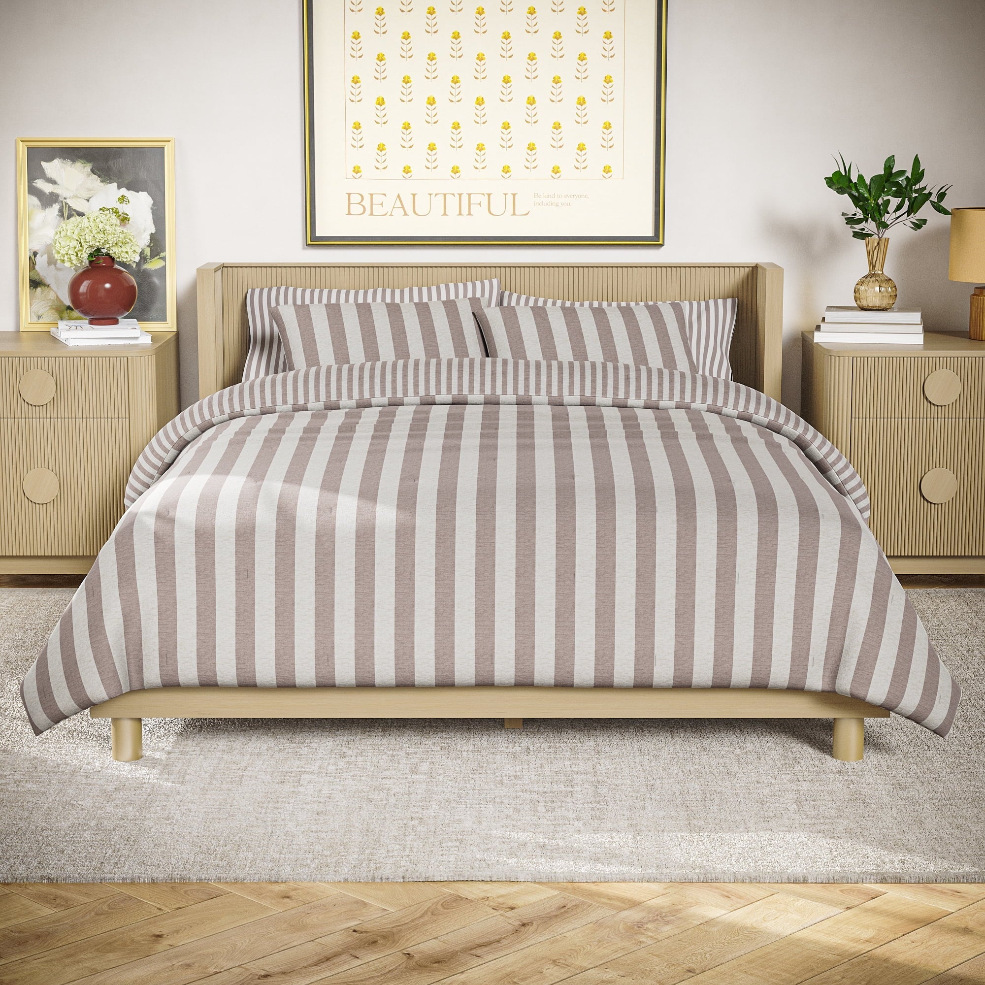 Hypoallergenic Cloud 100% Cotton Striped 3-Piece Natural Comforter Set, Full/Queen - Cloud-Like Soft Lightweight Bed Comforter - Default Title