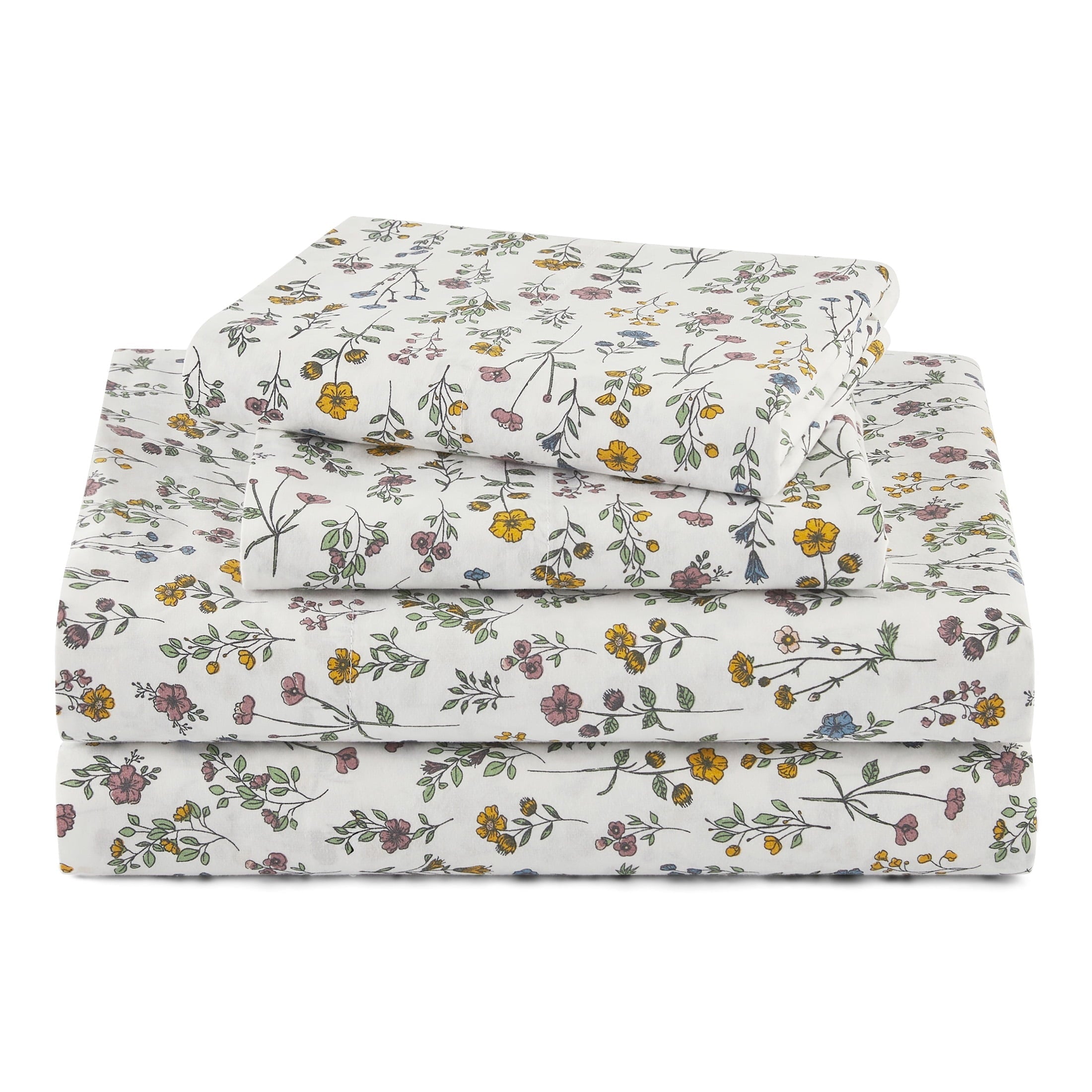 Premium Egyptian Cotton Botanical 4-Piece 100% Cotton Washed Percale White Sheet Set, Queen - Breathable Egyptian Cotton Flat & Fitted Sheets - Default Title