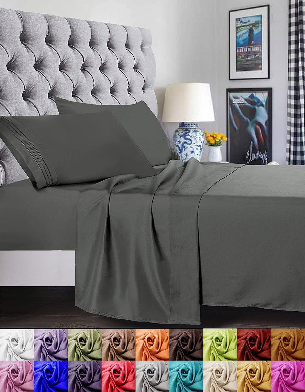 Wrinkle-Resistant 4 Pieces Bed Sheet set Flat,Fitted,Pillowcase , Queen Grey - Cooling Hotel Quality Bedding Sheets and Pillowcases - Default Title