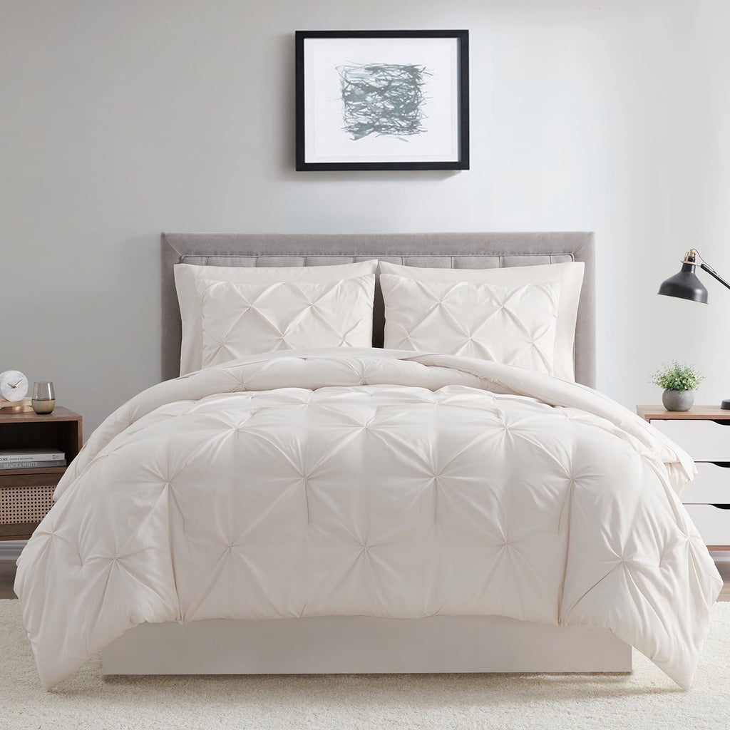 All-Season Comforter Set, 3-Piece, Queen, Pleated Wrinkle-Resistant Microfiber Bedding, Ivory, All-Season - All-Season Down Alternative Comforter Insert - Default Title