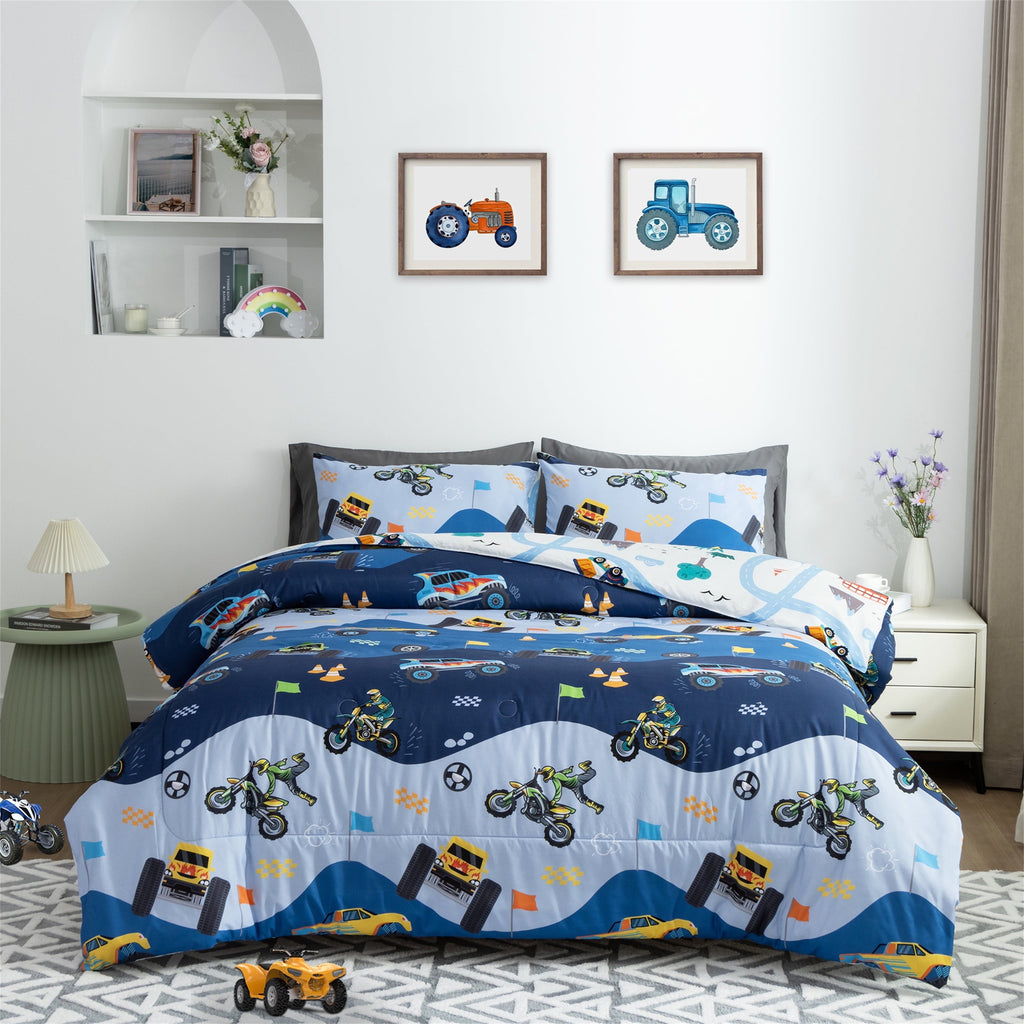 Fluffy Down Alternative 3Pcs Reversible Construction Truck Twin Comforter Set for Boys Kids Excavator Vehicle Motorcycle Bedding Set Blue - Luxurious Quilted Duvet Cover Set - Default Title